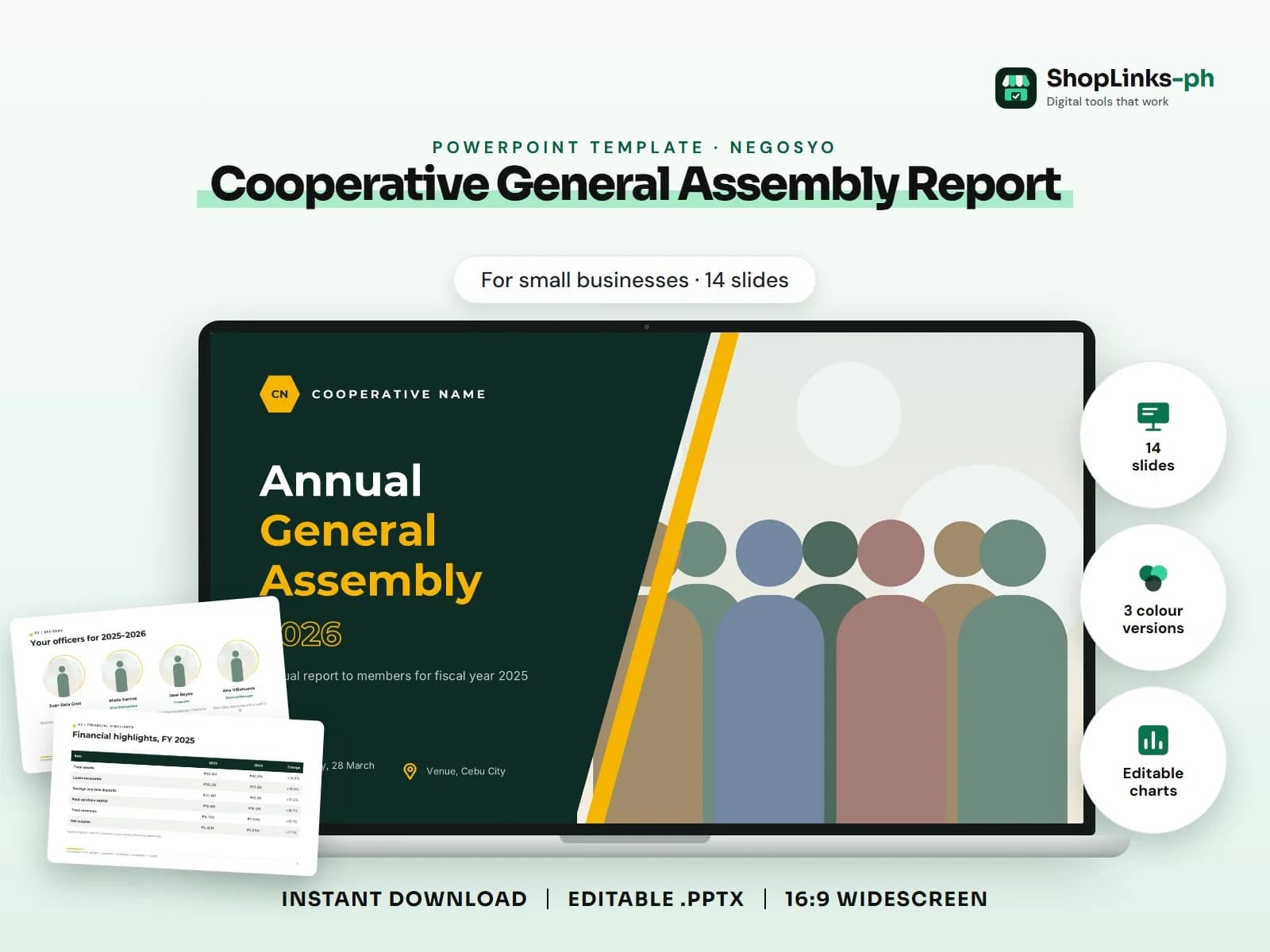 Cover of the Cooperative General Assembly Report PowerPoint template on a laptop