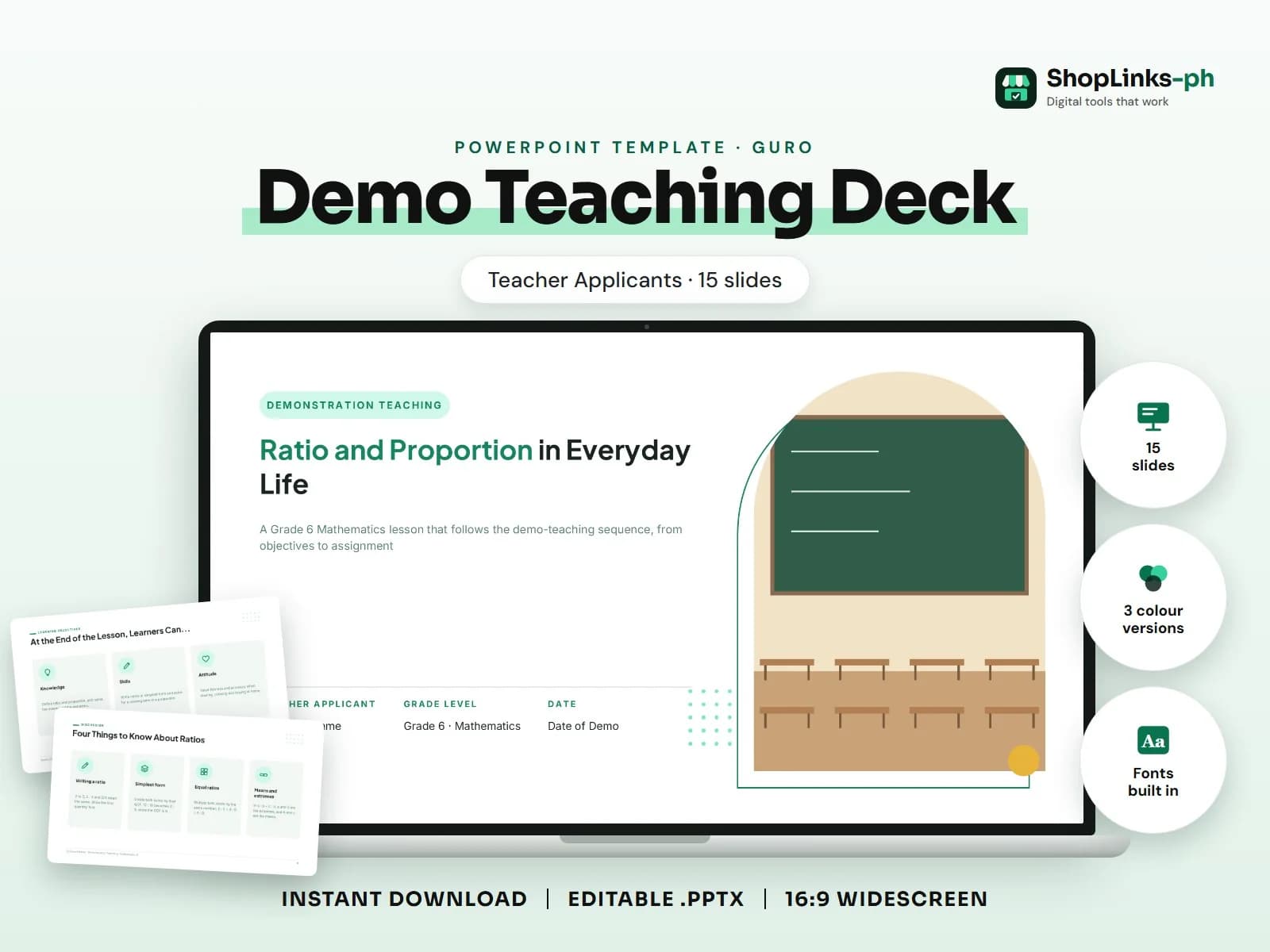Cover of the Demo Teaching Deck (Teacher Applicants) PowerPoint template on a laptop