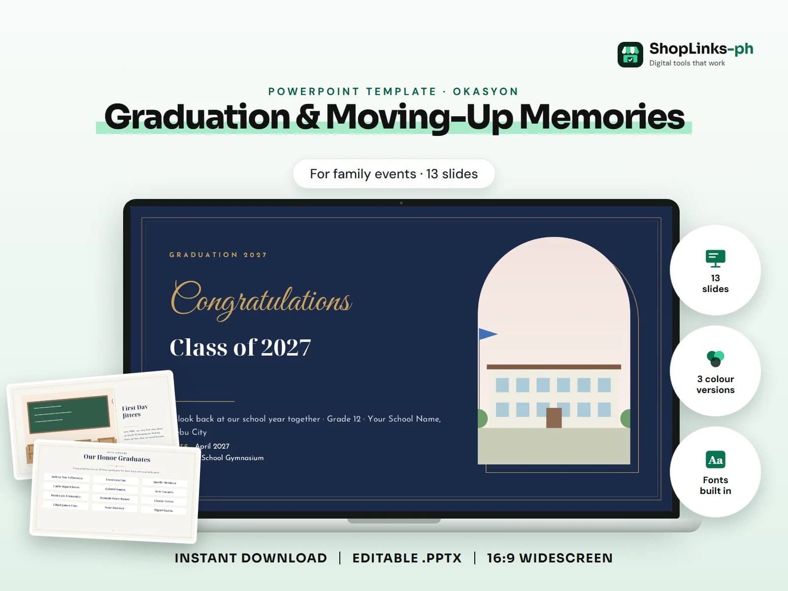 Cover of the Graduation & Moving-Up Memories PowerPoint template on a laptop