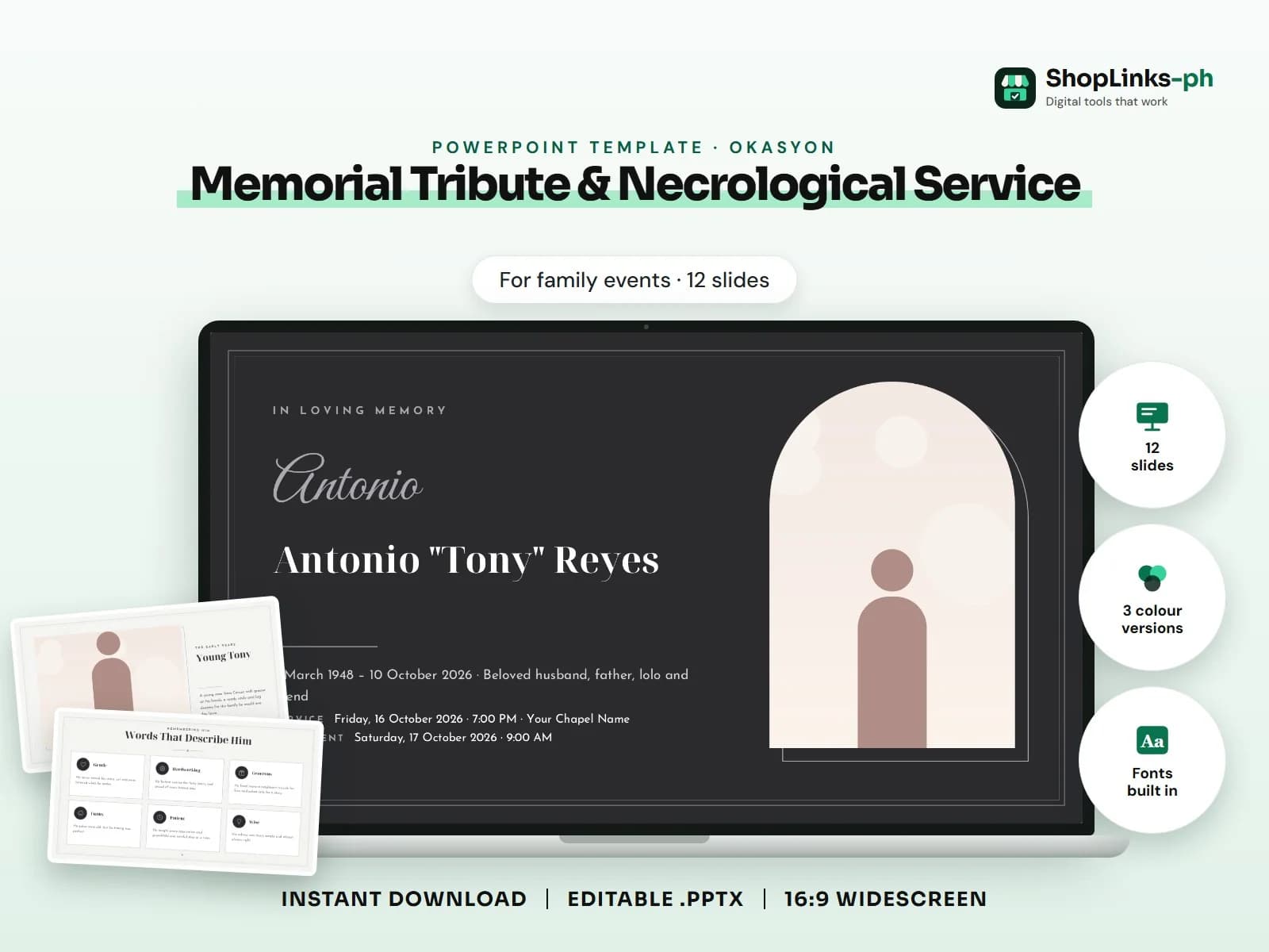 Cover of the Memorial Tribute & Necrological Service PowerPoint template on a laptop