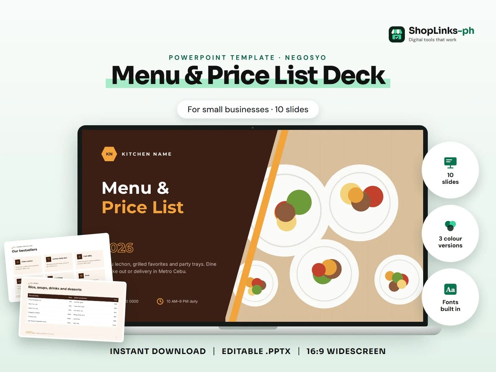 Cover of the Menu & Price List Deck PowerPoint template on a laptop