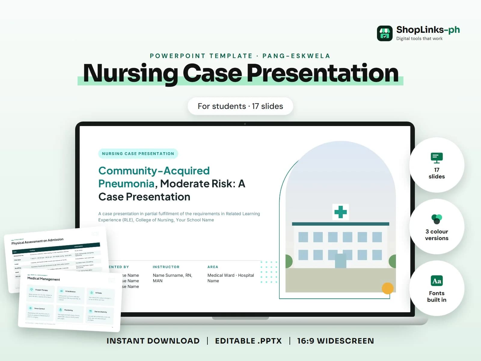 Cover of the Nursing Case Presentation PowerPoint template on a laptop