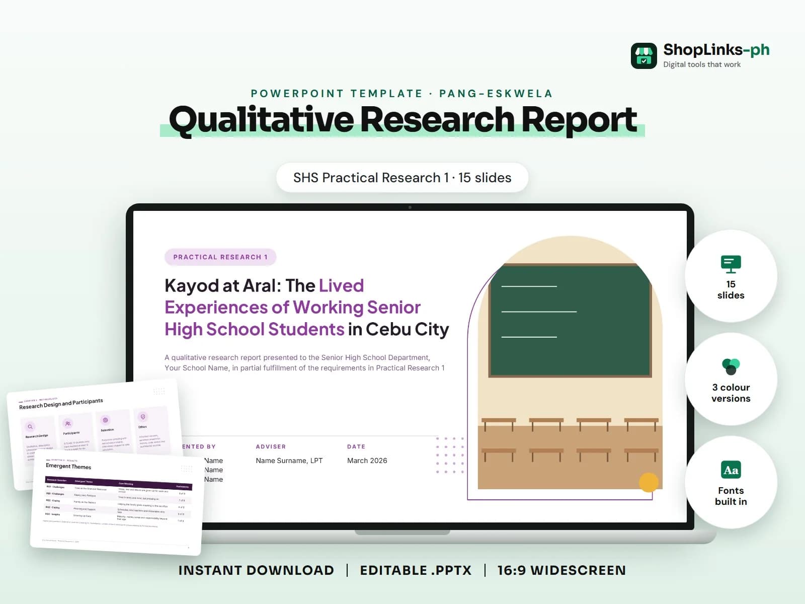 Cover of the Qualitative Research Report (SHS Practical Research 1) PowerPoint template on a laptop