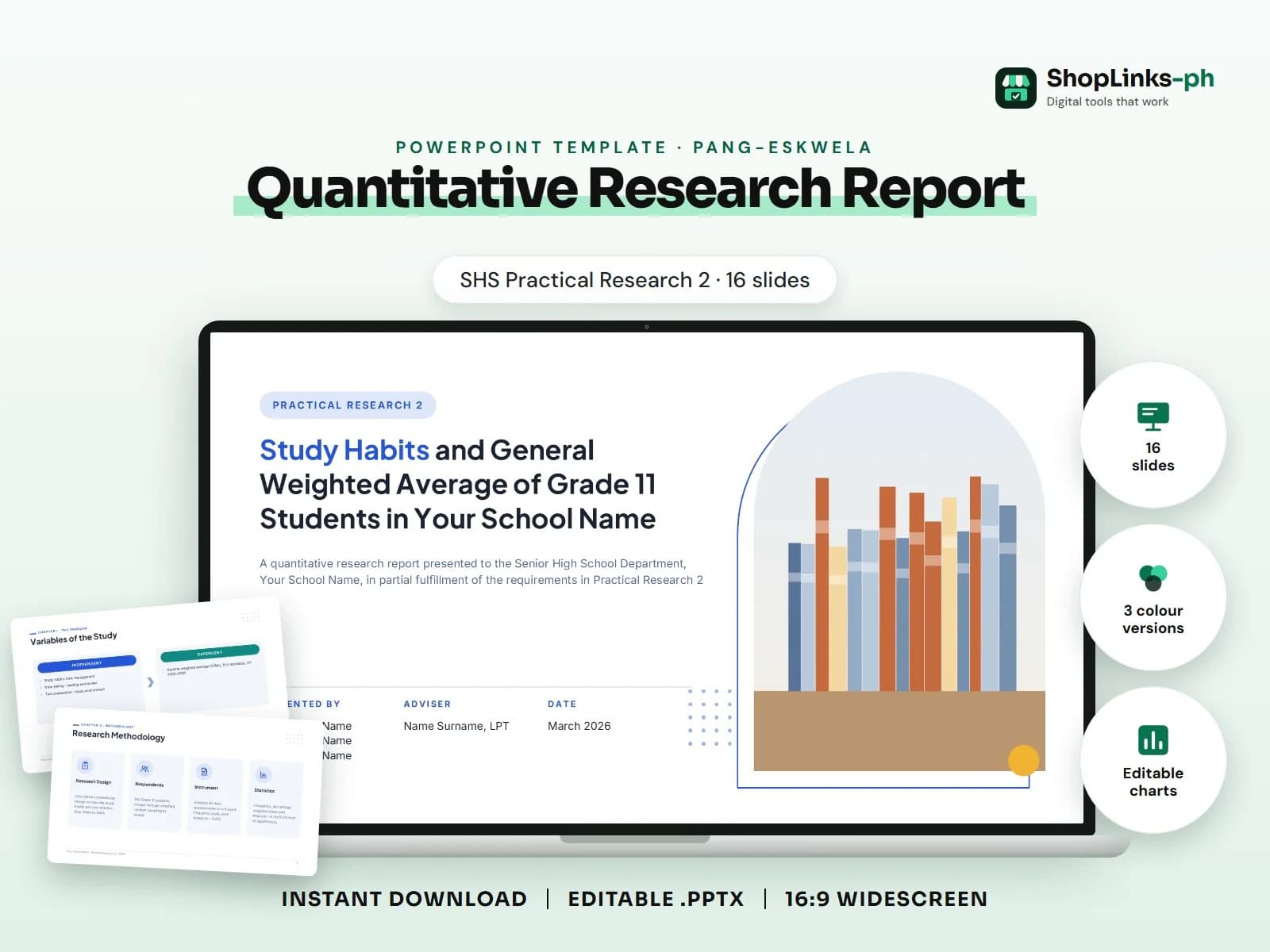 Cover of the Quantitative Research Report (SHS Practical Research 2) PowerPoint template on a laptop