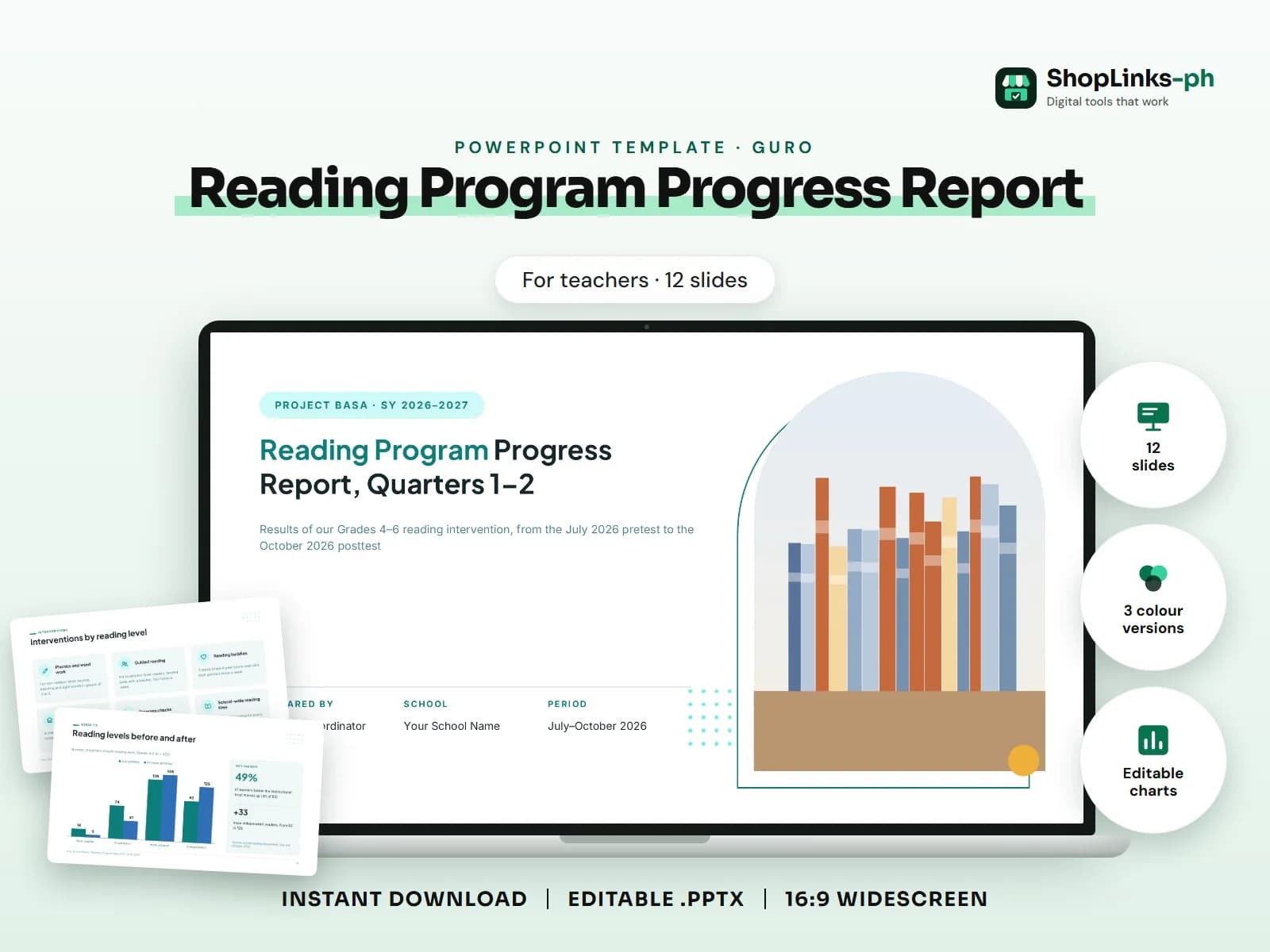 Cover of the Reading Program Progress Report PowerPoint template on a laptop