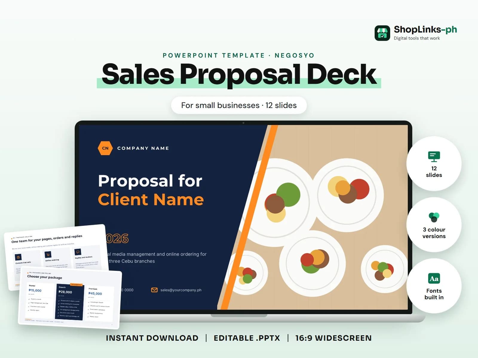 Cover of the Sales Proposal Deck PowerPoint template on a laptop