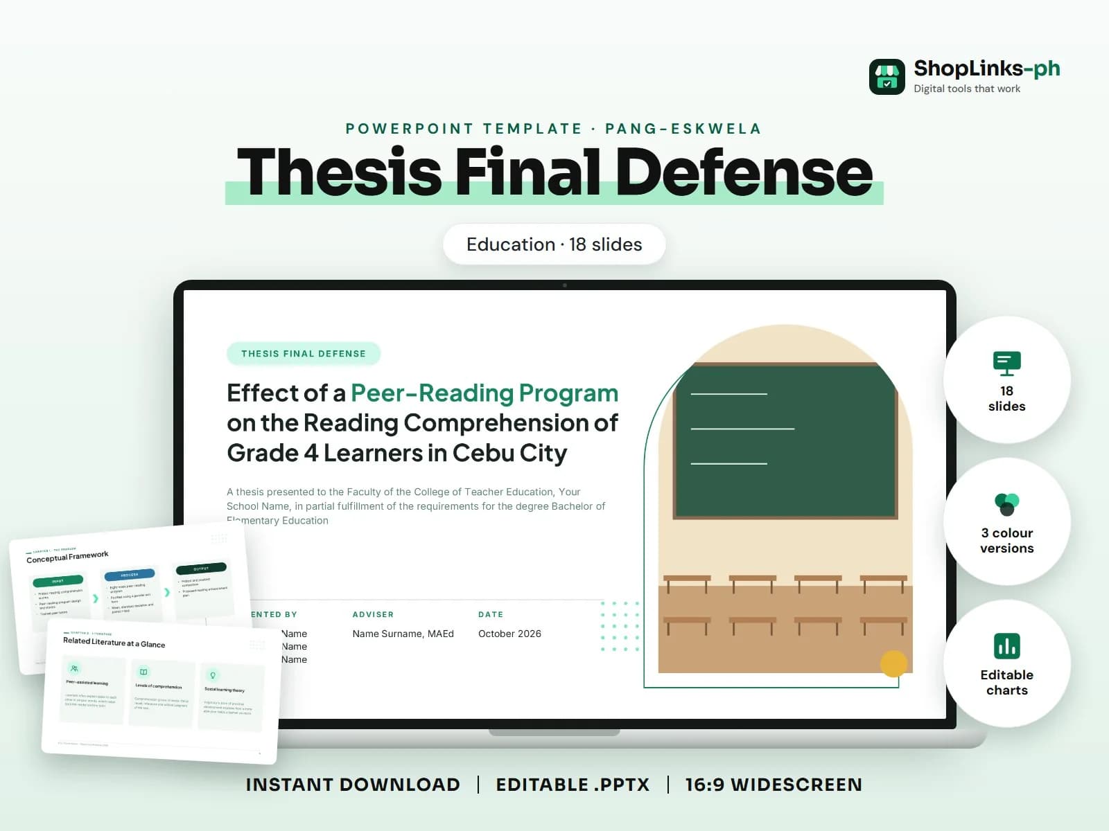 Cover of the Thesis Final Defense (Education) PowerPoint template on a laptop