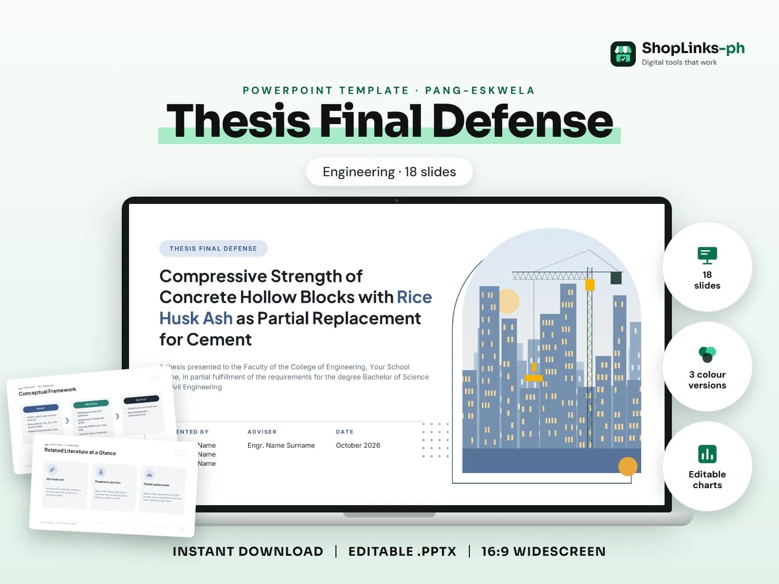 Cover of the Thesis Final Defense (Engineering) PowerPoint template on a laptop