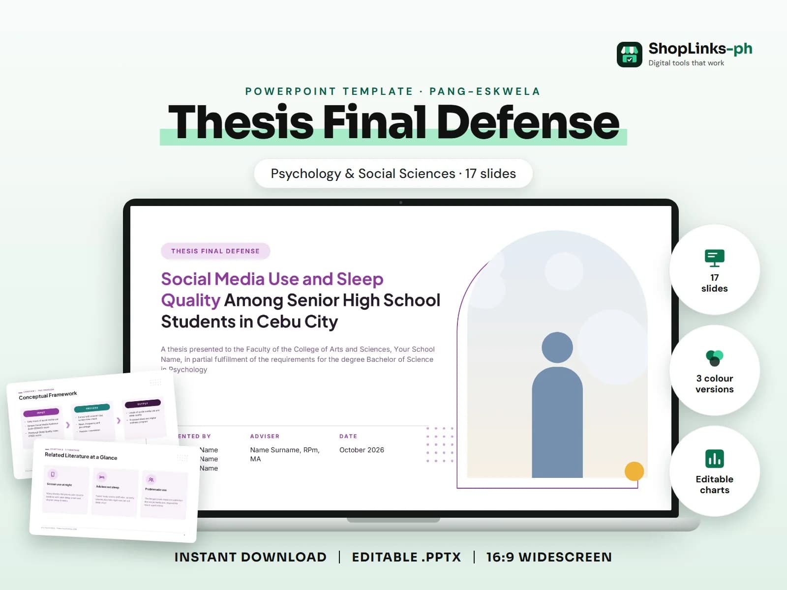 Cover of the Thesis Final Defense (Psychology & Social Sciences) PowerPoint template on a laptop