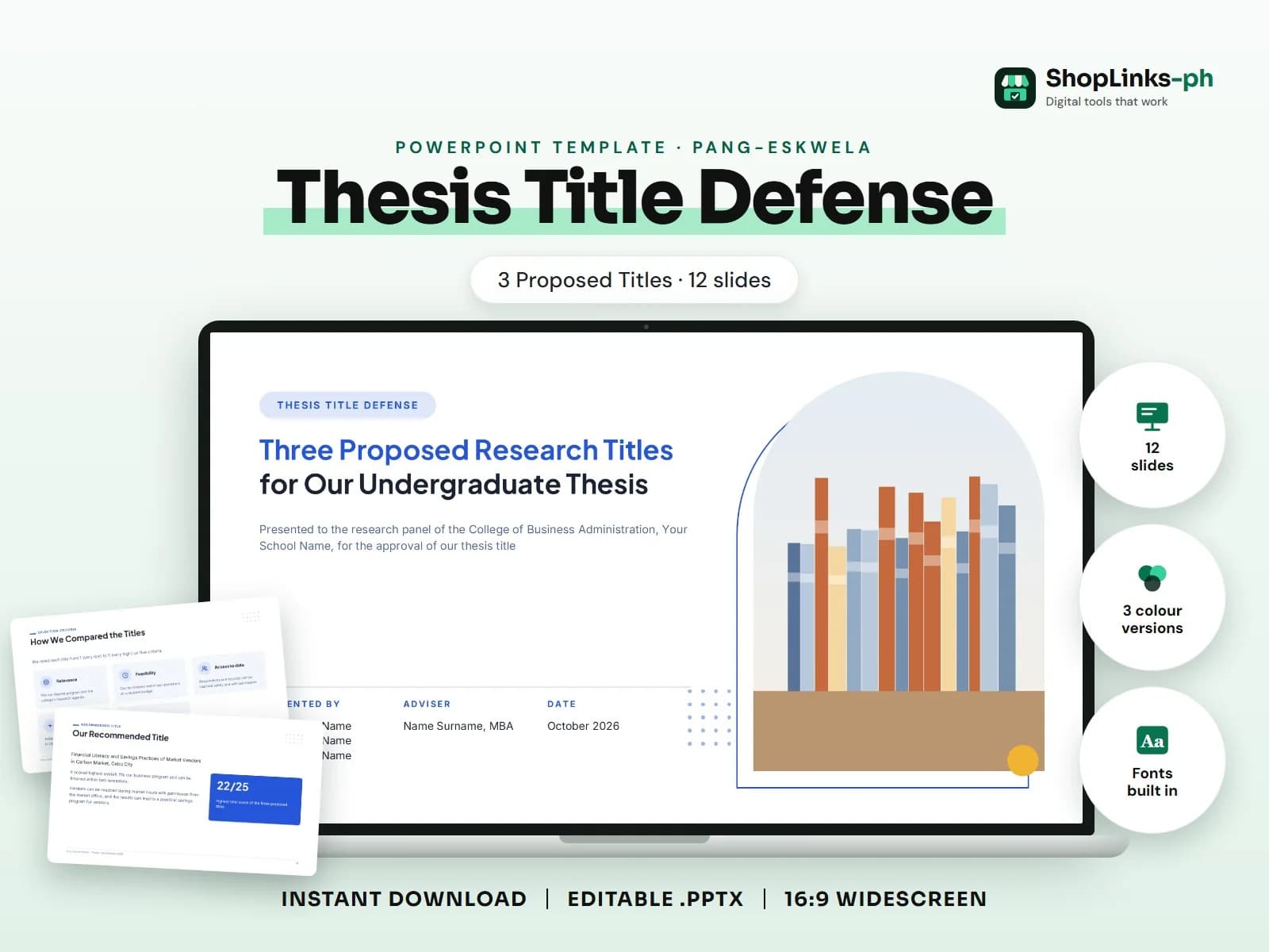 Cover of the Thesis Title Defense (3 Proposed Titles) PowerPoint template on a laptop