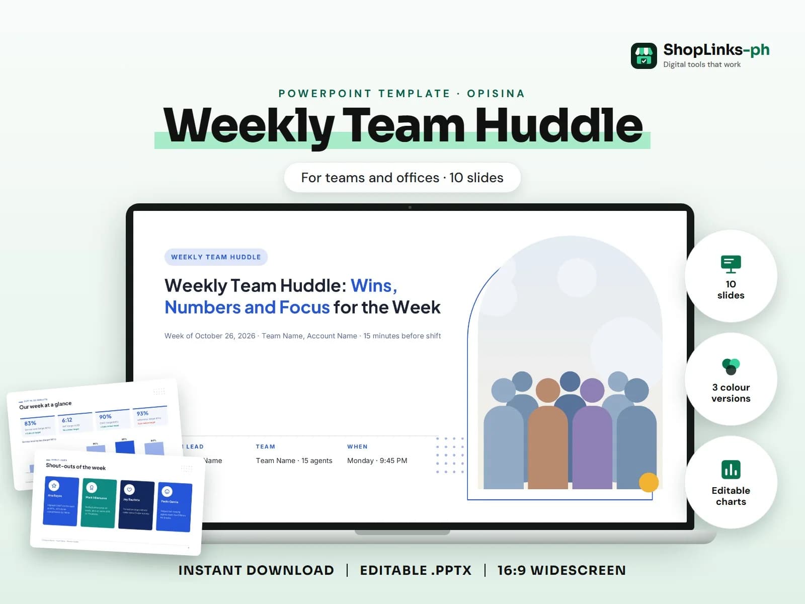Cover of the Weekly Team Huddle PowerPoint template on a laptop