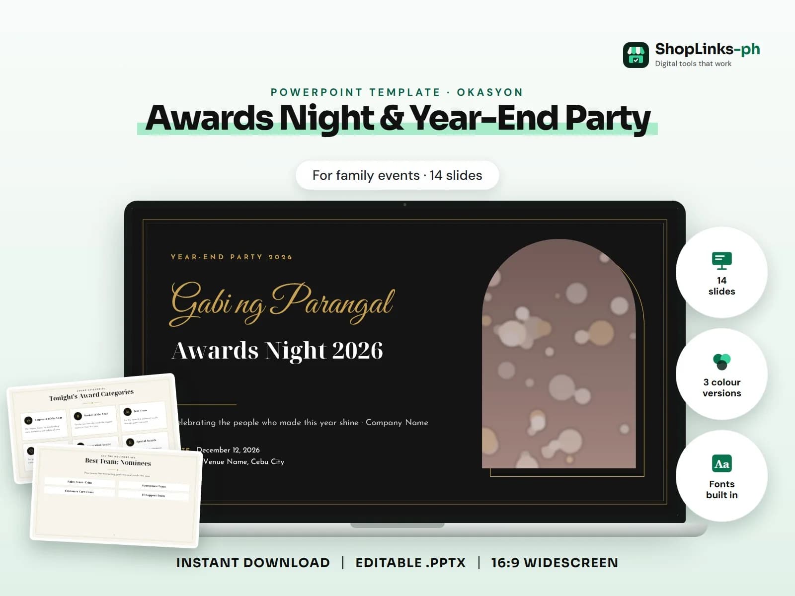 Cover of the Awards Night & Year-End Party PowerPoint template on a laptop