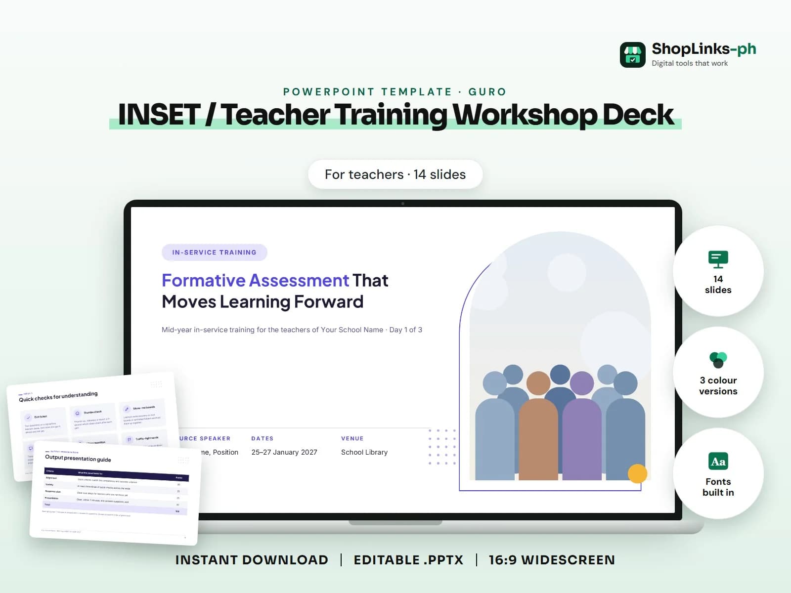 Cover of the INSET / Teacher Training Workshop Deck PowerPoint template on a laptop