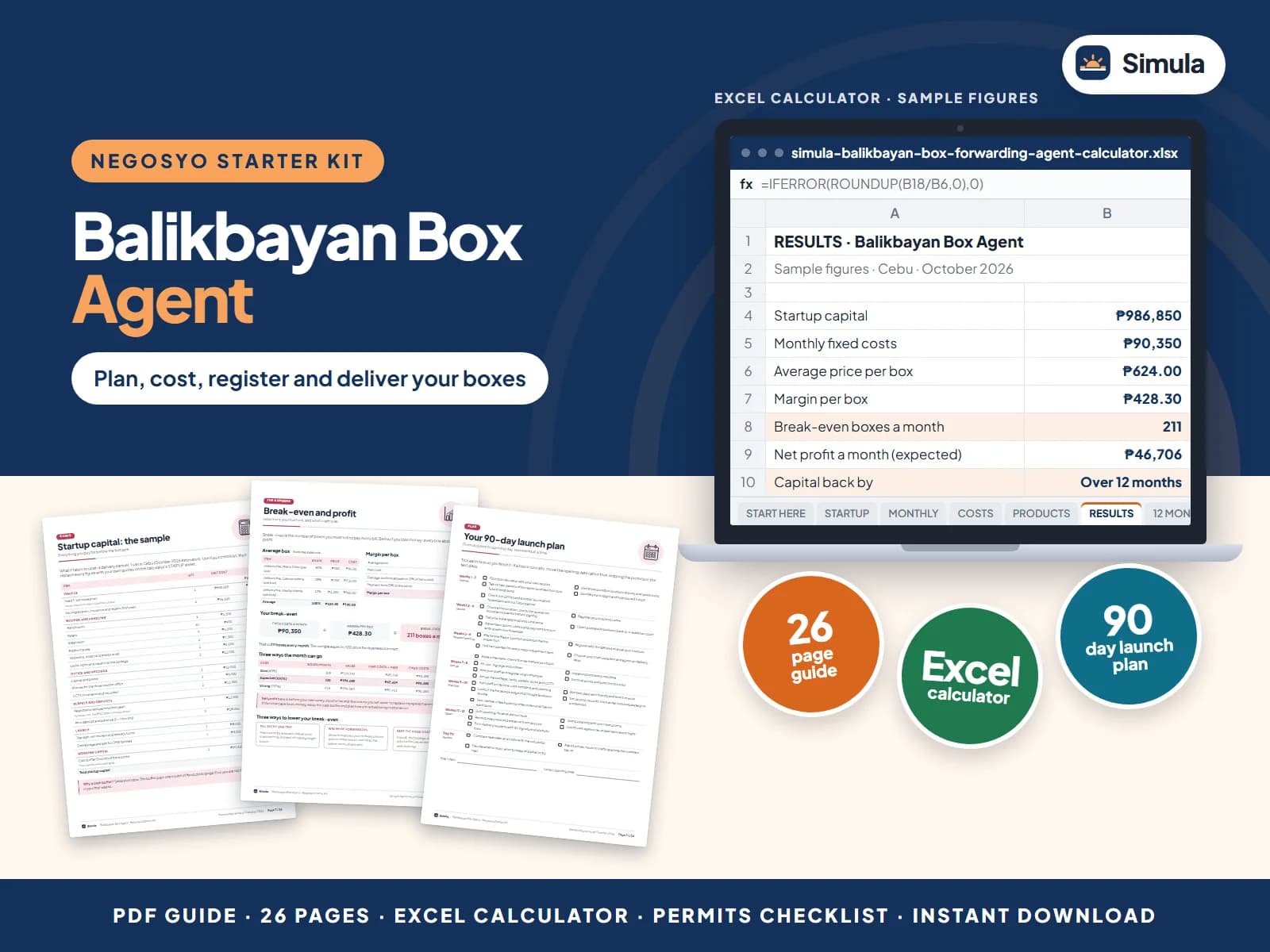 Cover of the Balikbayan Box Agent Negosyo Starter Kit: guide pages and the calculator's results