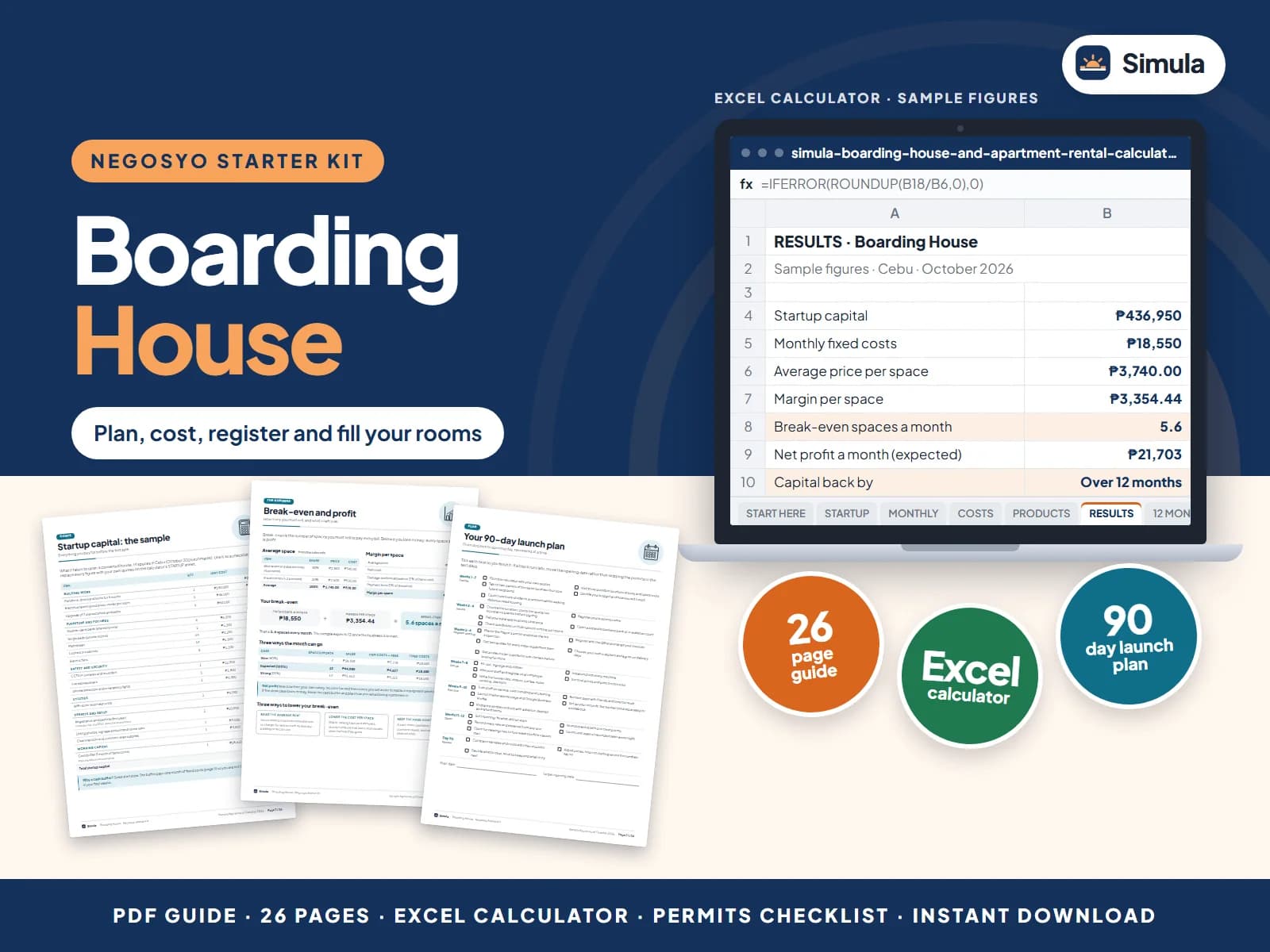 Cover of the Boarding House Negosyo Starter Kit: guide pages and the calculator's results