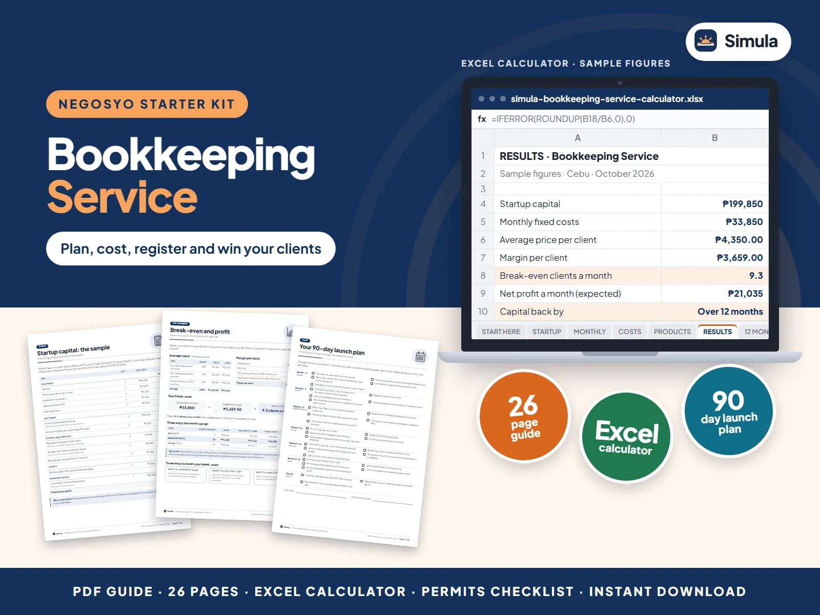 Cover of the Bookkeeping Service Negosyo Starter Kit: guide pages and the calculator's results