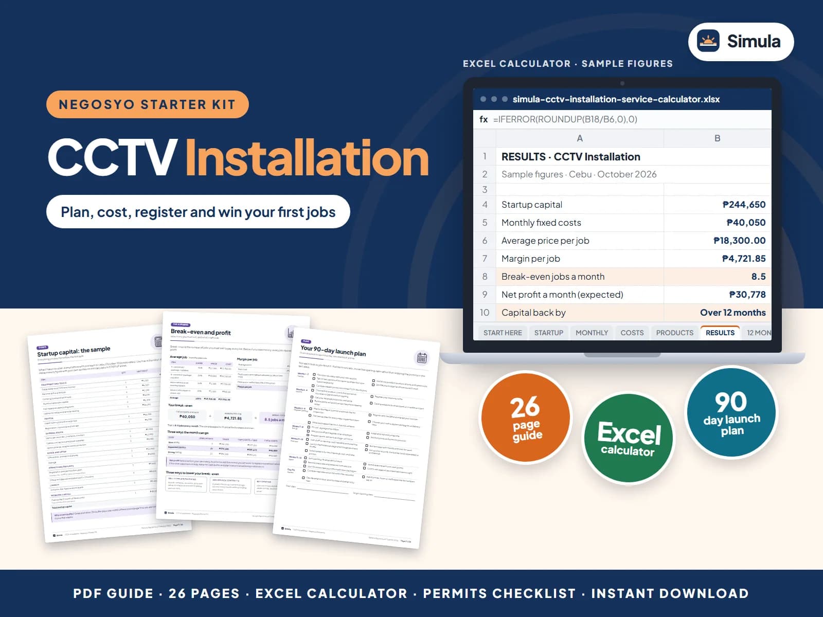 Cover of the CCTV Installation Negosyo Starter Kit: guide pages and the calculator's results