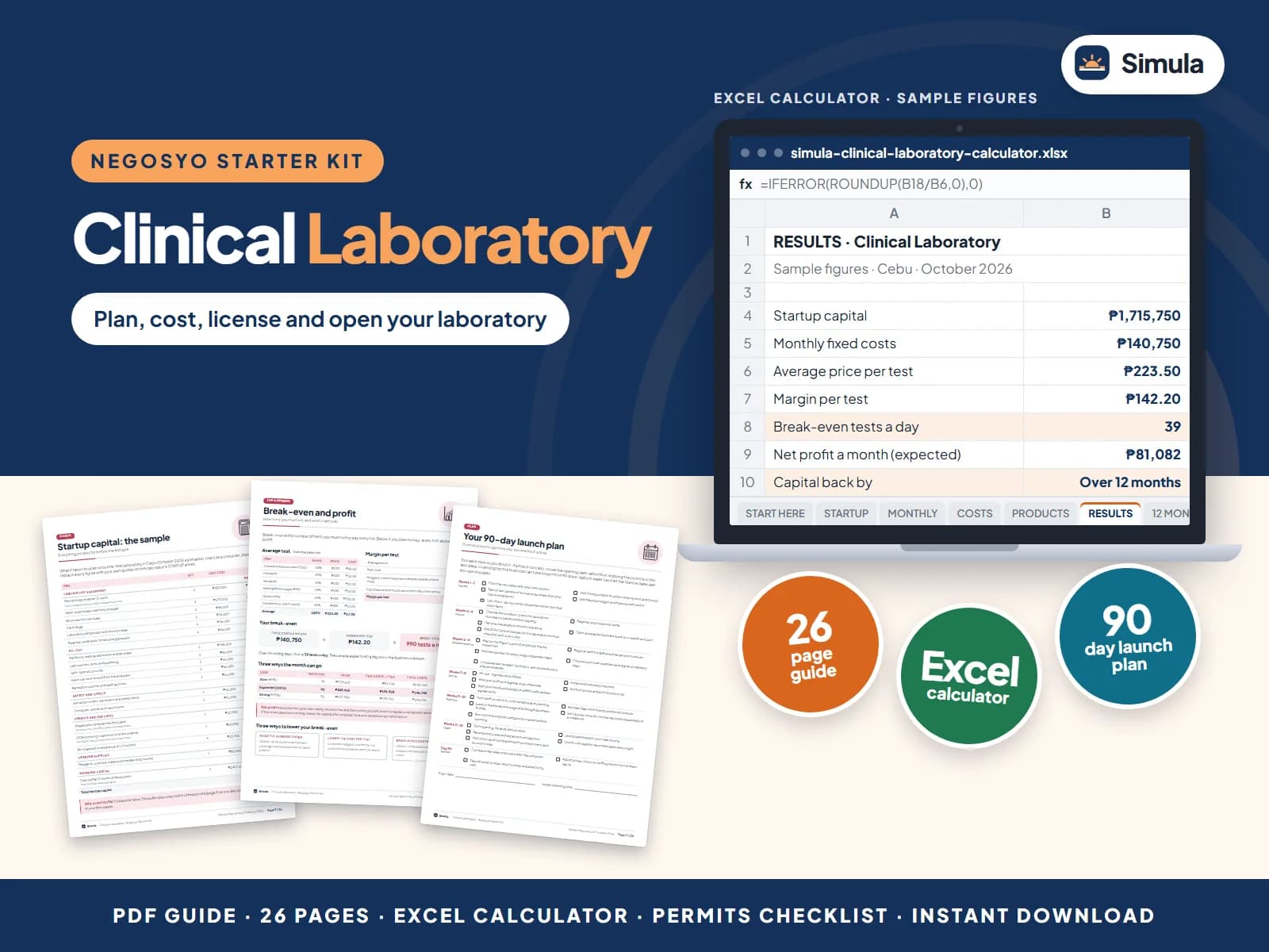 Cover of the Clinical Laboratory Negosyo Starter Kit: guide pages and the calculator's results