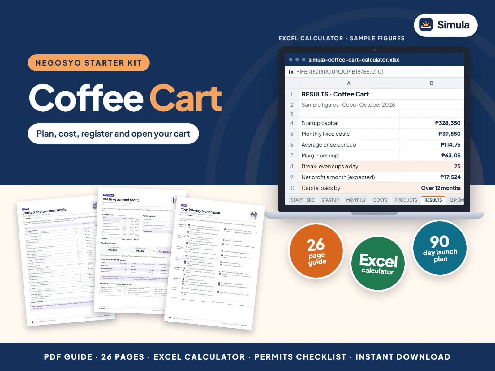 Cover of the Coffee Cart Negosyo Starter Kit: guide pages and the calculator's results