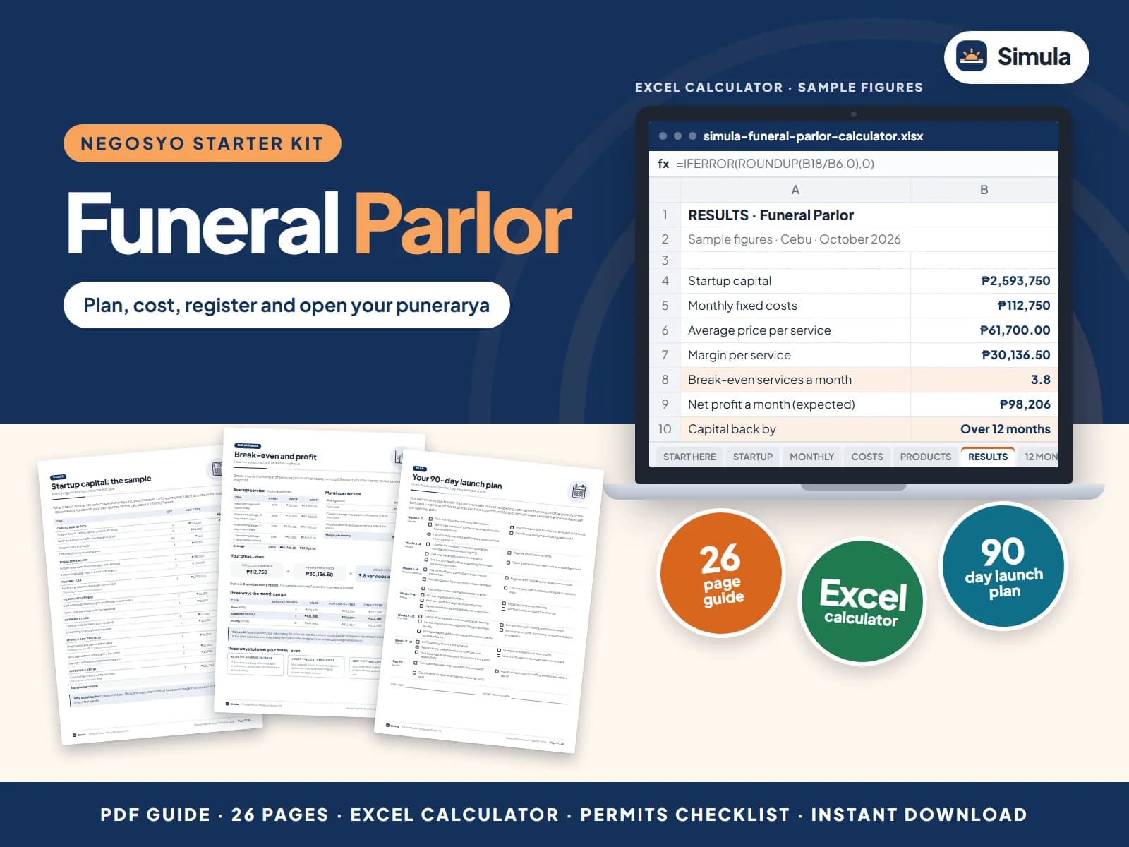 Cover of the Funeral Parlor Negosyo Starter Kit: guide pages and the calculator's results