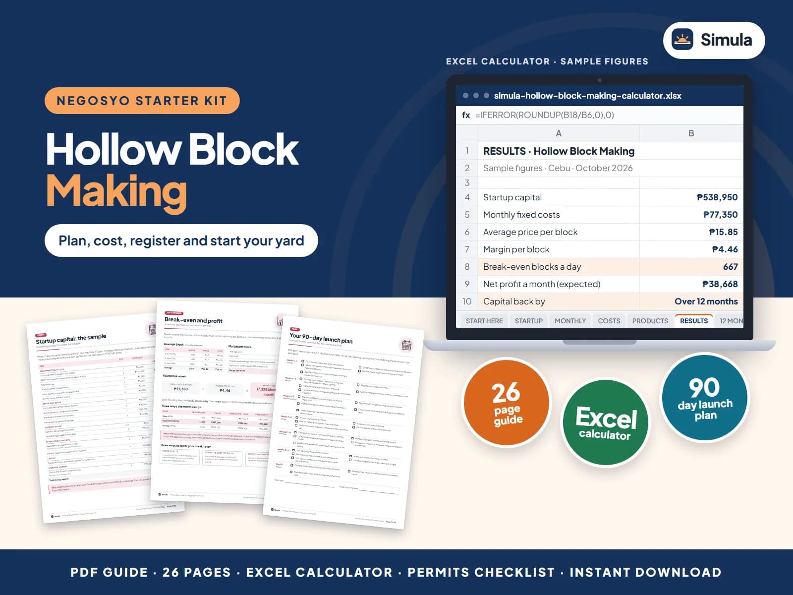 Cover of the Hollow Block Making Negosyo Starter Kit: guide pages and the calculator's results