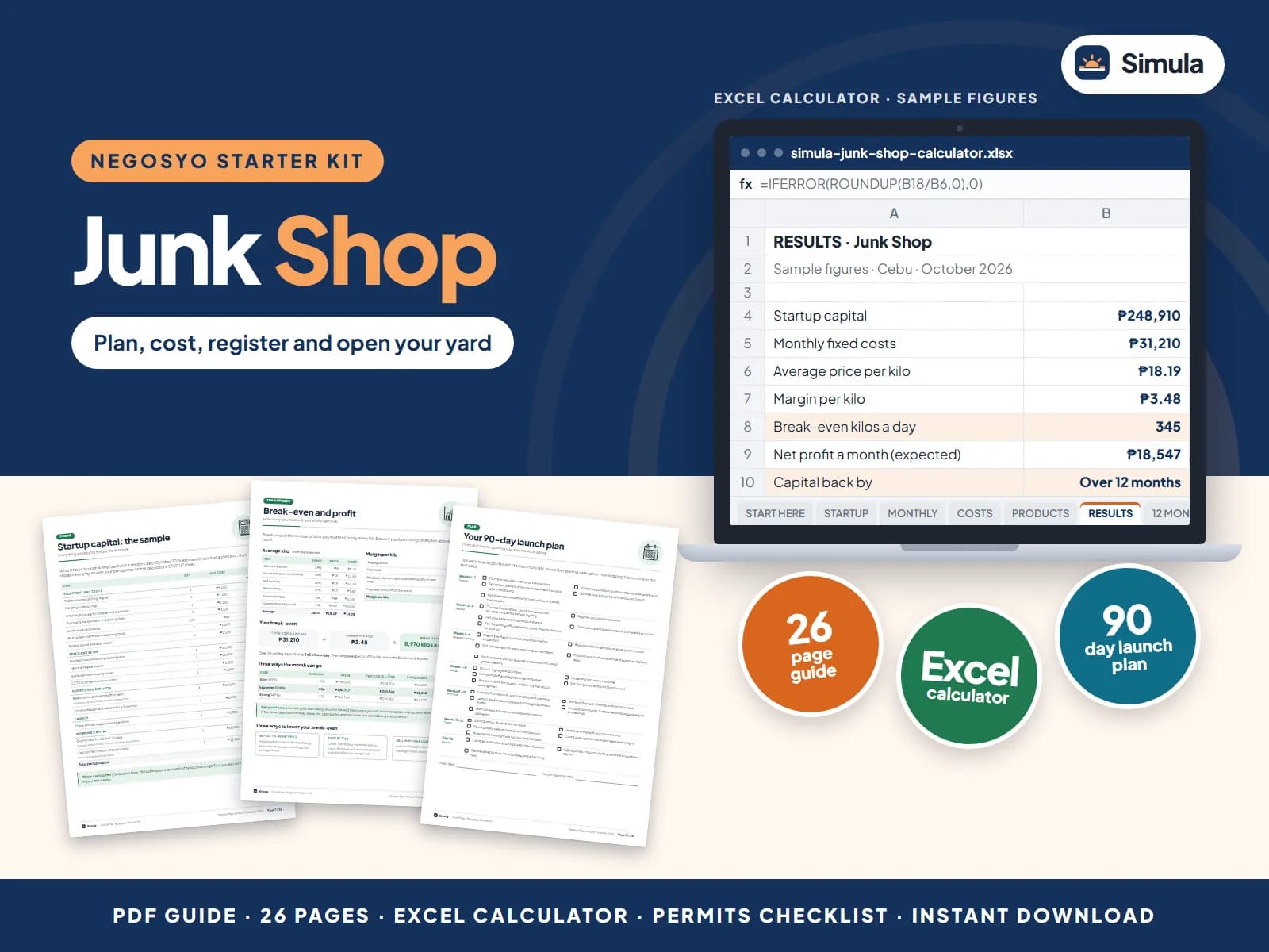 Cover of the Junk Shop Negosyo Starter Kit: guide pages and the calculator's results