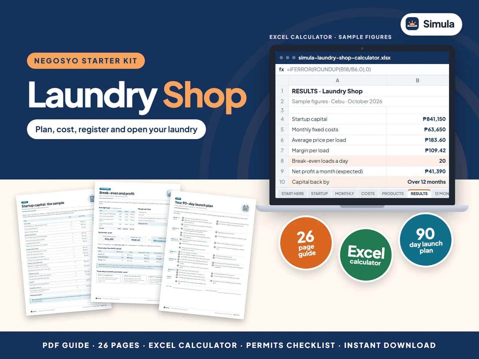 Cover of the Laundry Shop Negosyo Starter Kit: guide pages and the calculator's results