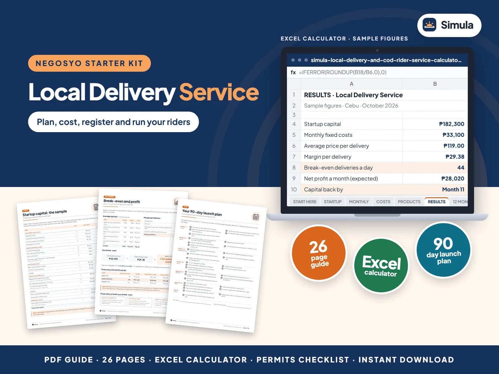 Cover of the Local Delivery Service Negosyo Starter Kit: guide pages and the calculator's results