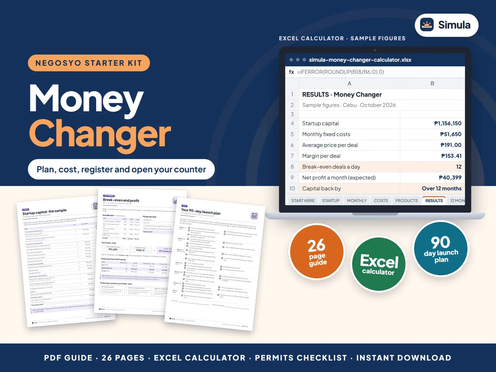 Cover of the Money Changer Negosyo Starter Kit: guide pages and the calculator's results