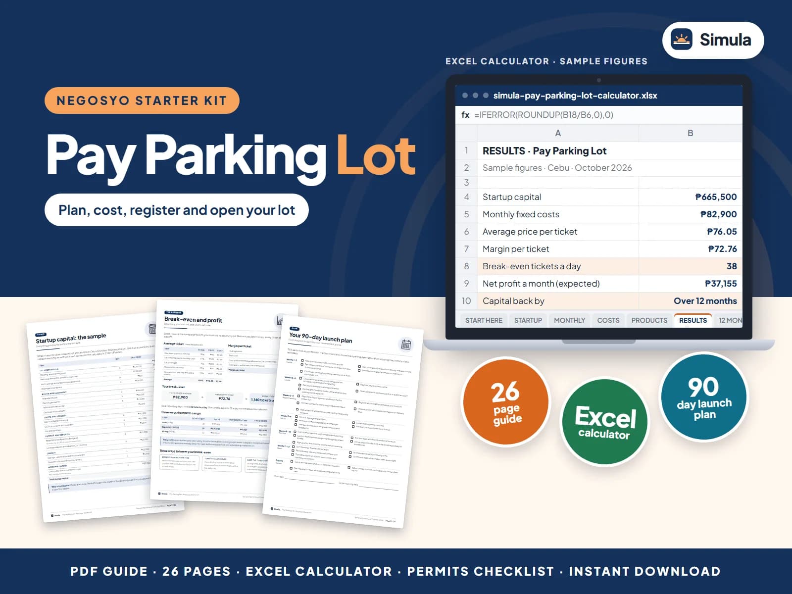 Cover of the Pay Parking Lot Negosyo Starter Kit: guide pages and the calculator's results