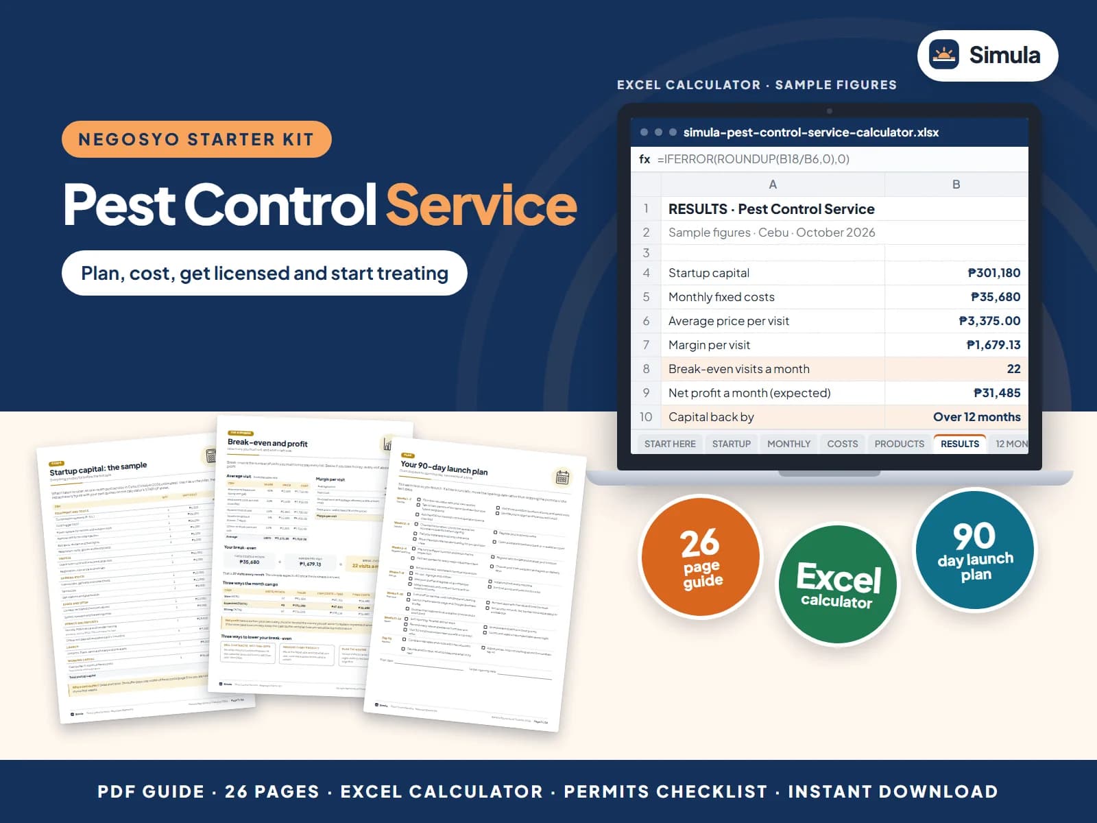 Cover of the Pest Control Service Negosyo Starter Kit: guide pages and the calculator's results