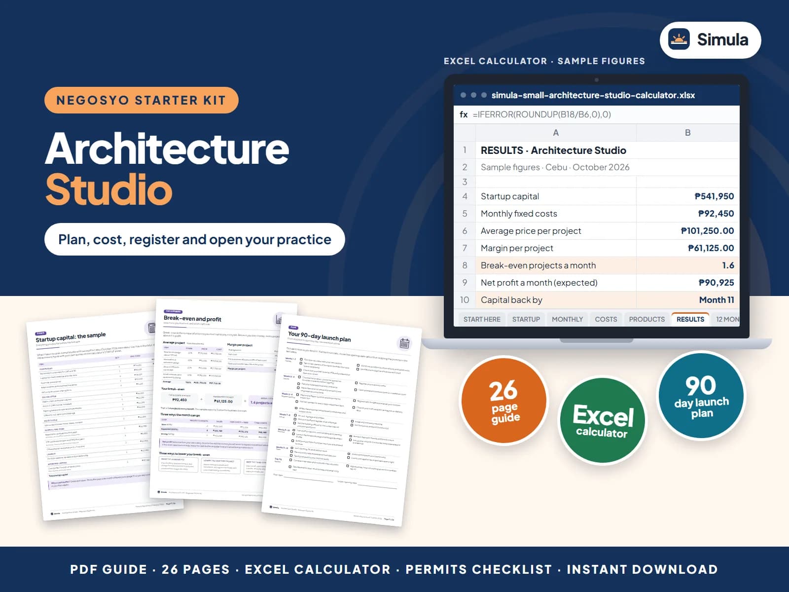 Cover of the Architecture Studio Negosyo Starter Kit: guide pages and the calculator's results