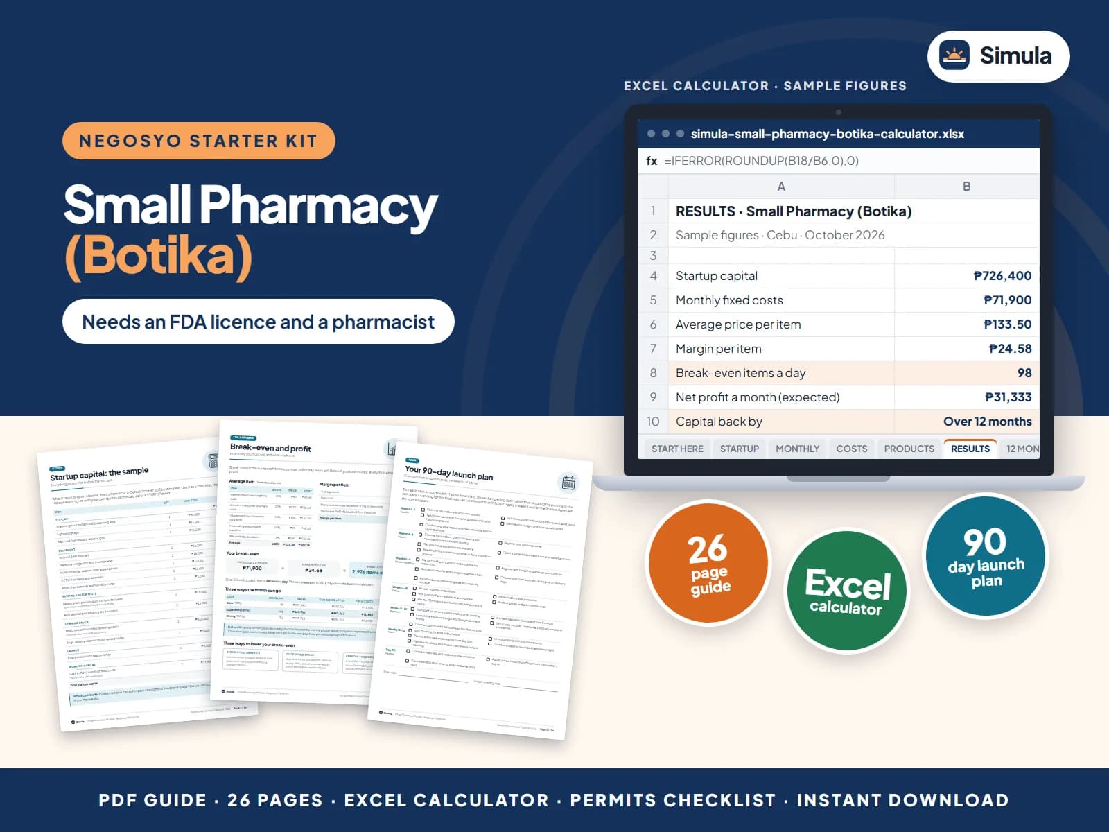 Cover of the Small Pharmacy (Botika) Negosyo Starter Kit: guide pages and the calculator's results
