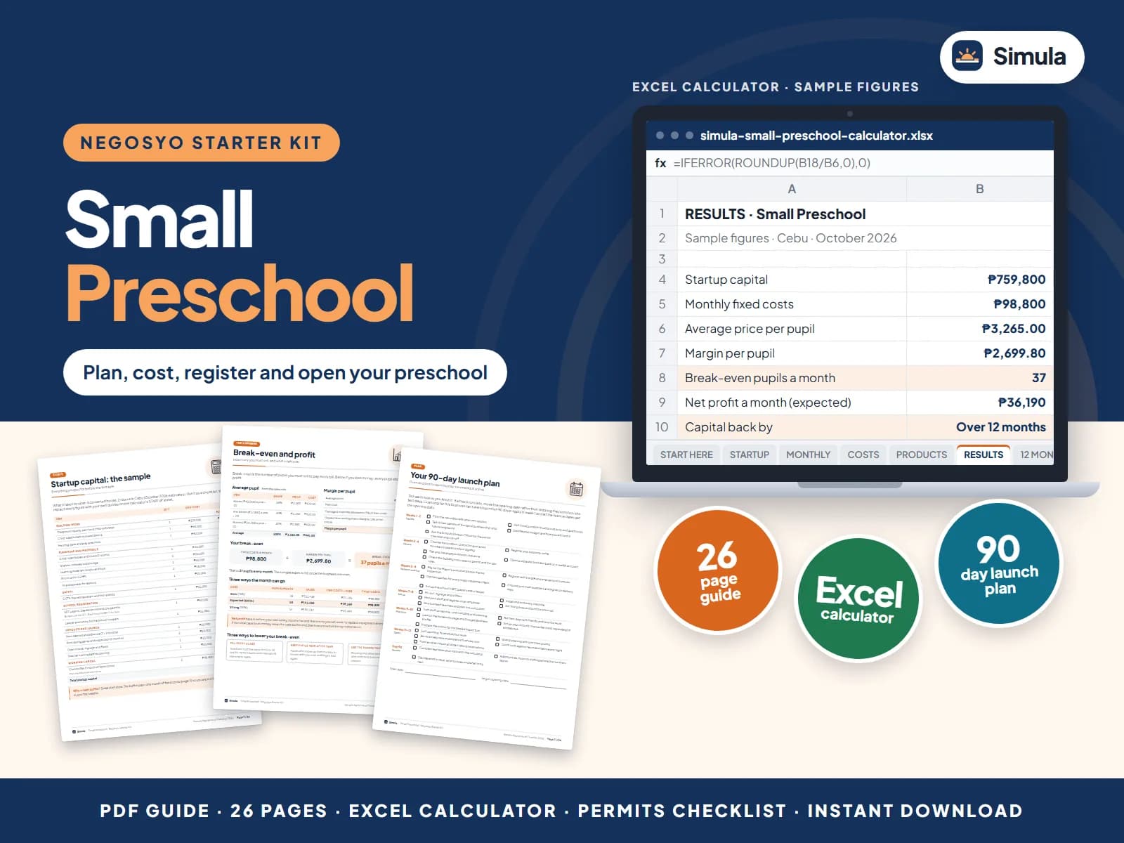 Cover of the Small Preschool Negosyo Starter Kit: guide pages and the calculator's results