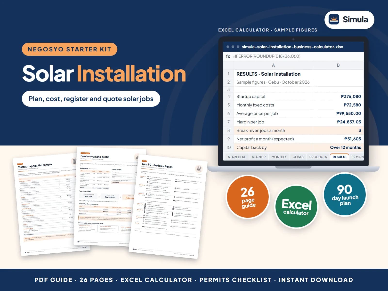 Cover of the Solar Installation Negosyo Starter Kit: guide pages and the calculator's results