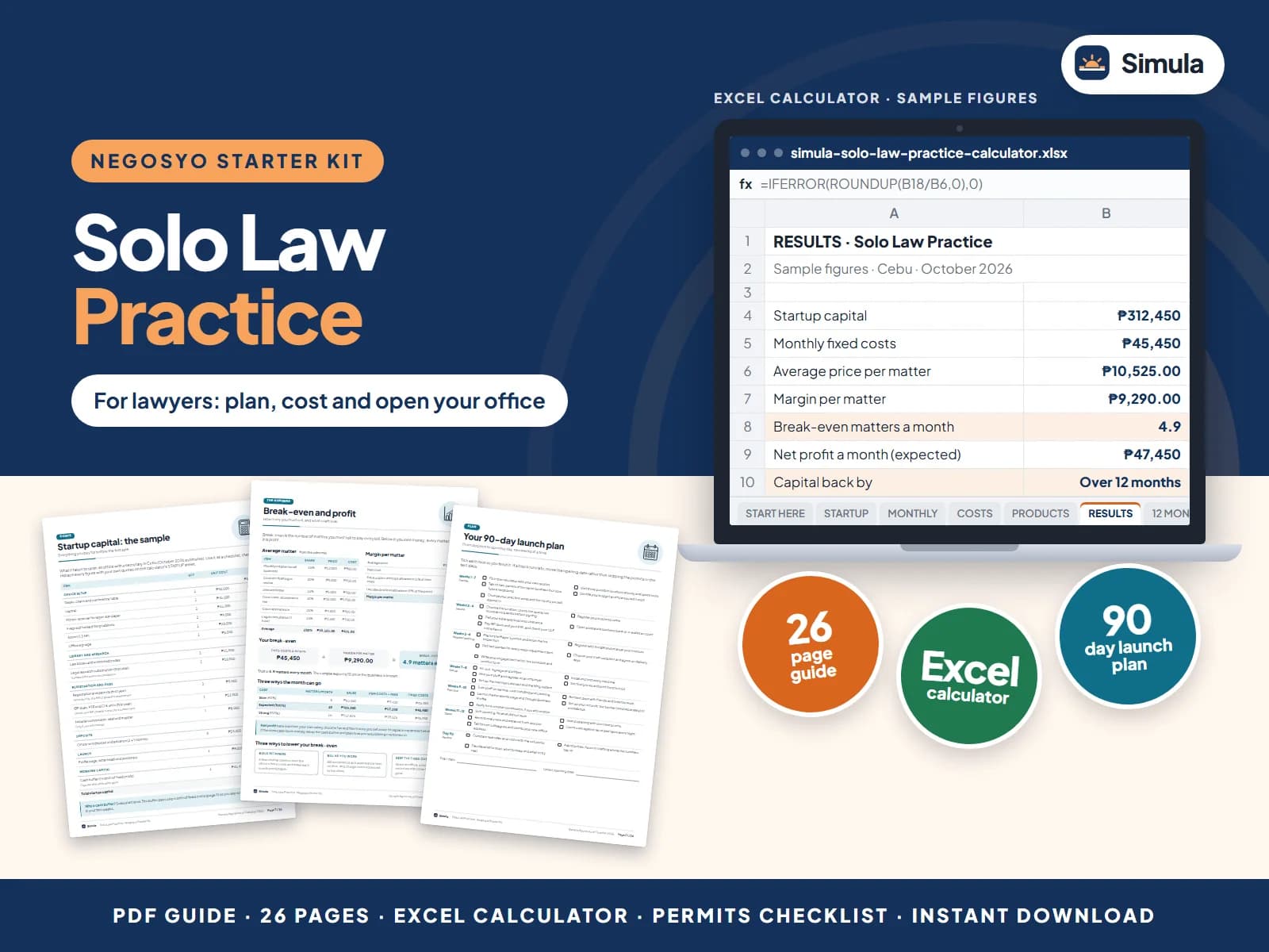 Cover of the Solo Law Practice Negosyo Starter Kit: guide pages and the calculator's results
