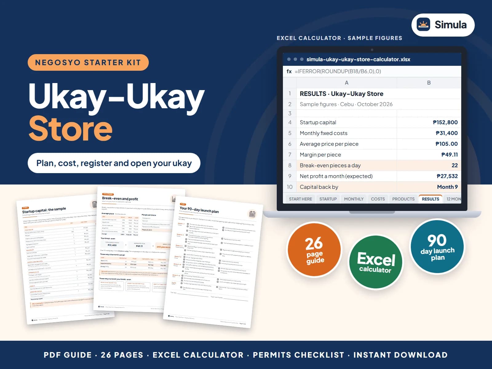 Cover of the Ukay-Ukay Store Negosyo Starter Kit: guide pages and the calculator's results