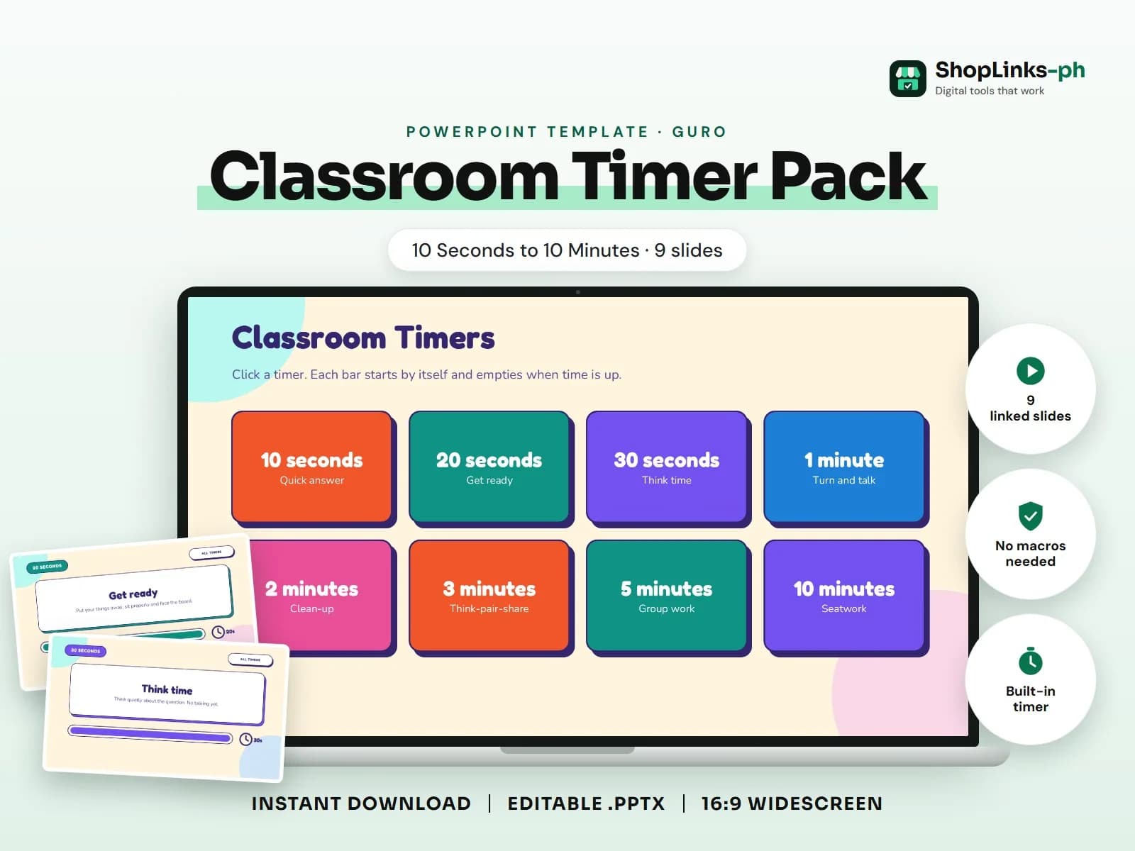 Cover of the Classroom Timer Pack (10 Seconds to 10 Minutes) PowerPoint template on a laptop