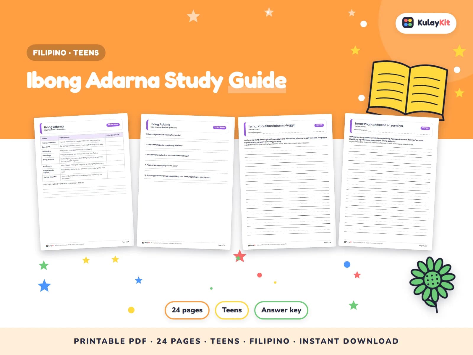 Cover of Ibong Adarna Study Guide, a printable pack for teens ages 12 to 17, showing four of its pages