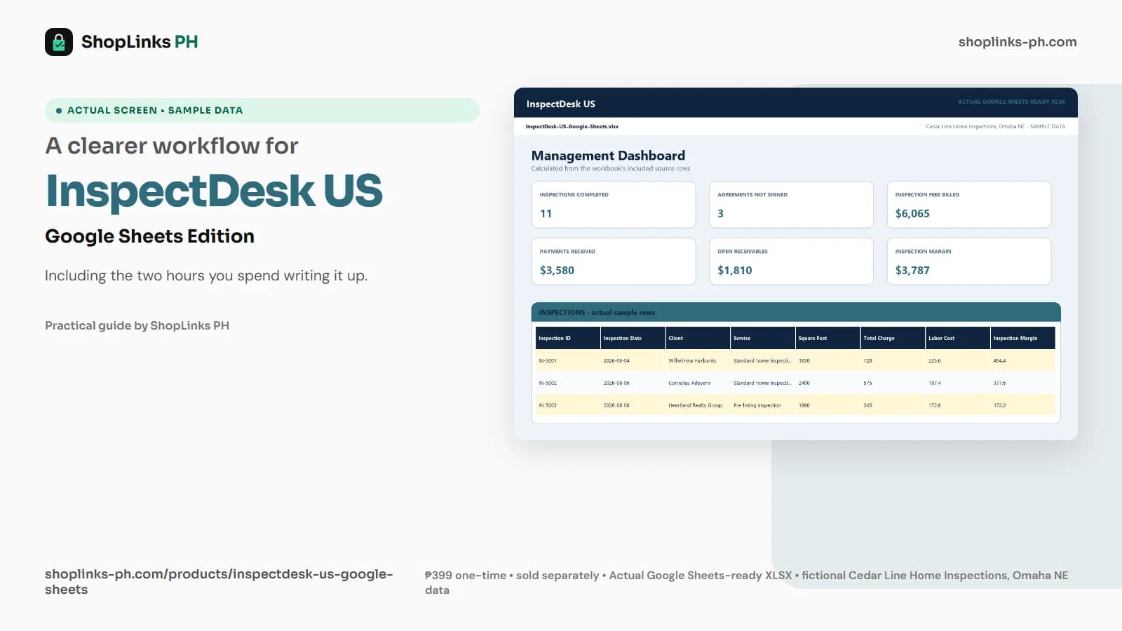 InspectDesk US Google Sheets Edition dashboard using fictional sample data