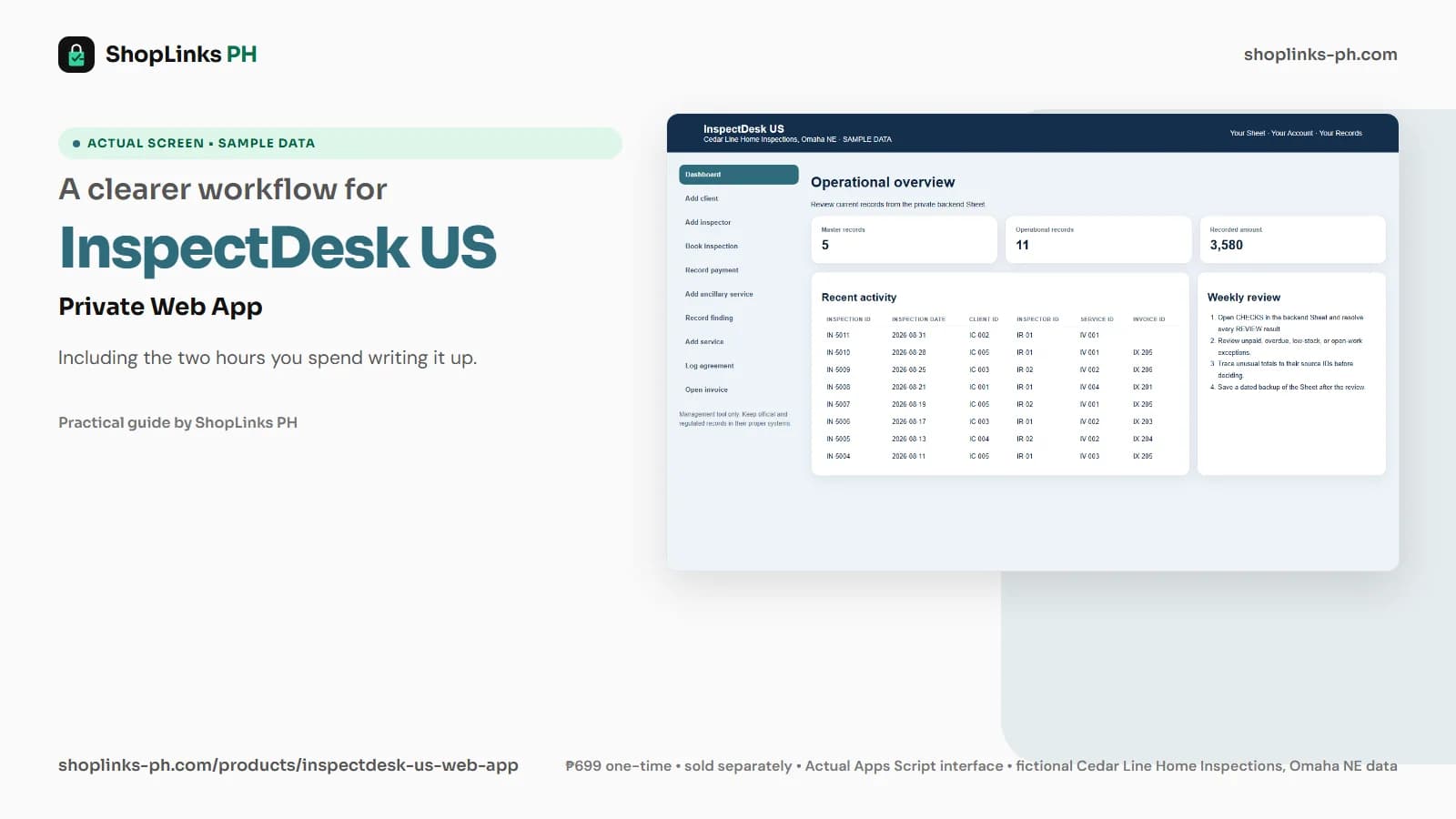 InspectDesk US Private Google Sheets Web App dashboard using fictional sample data