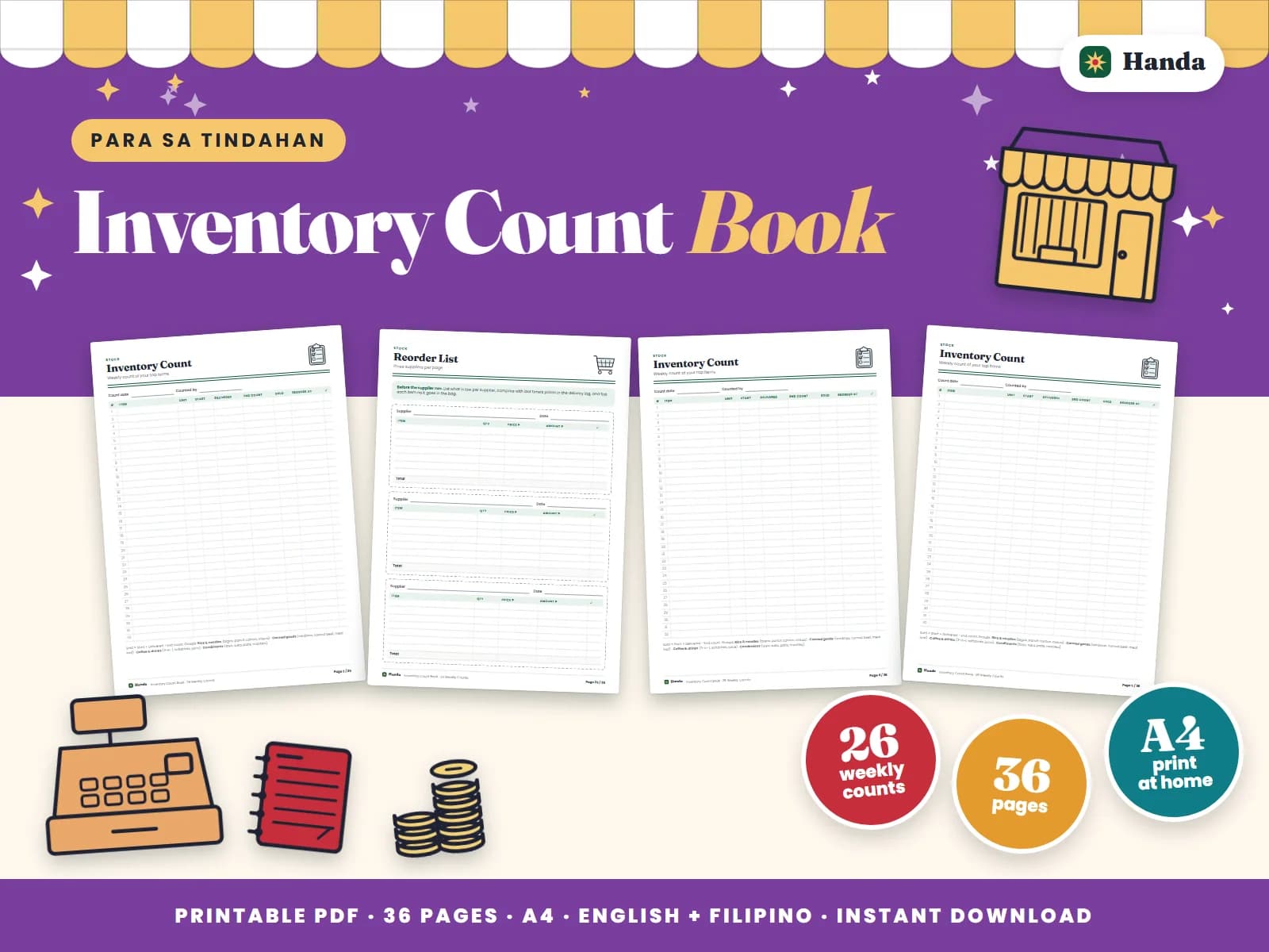 Cover of Inventory Count Book, a printable record book showing four of its pages