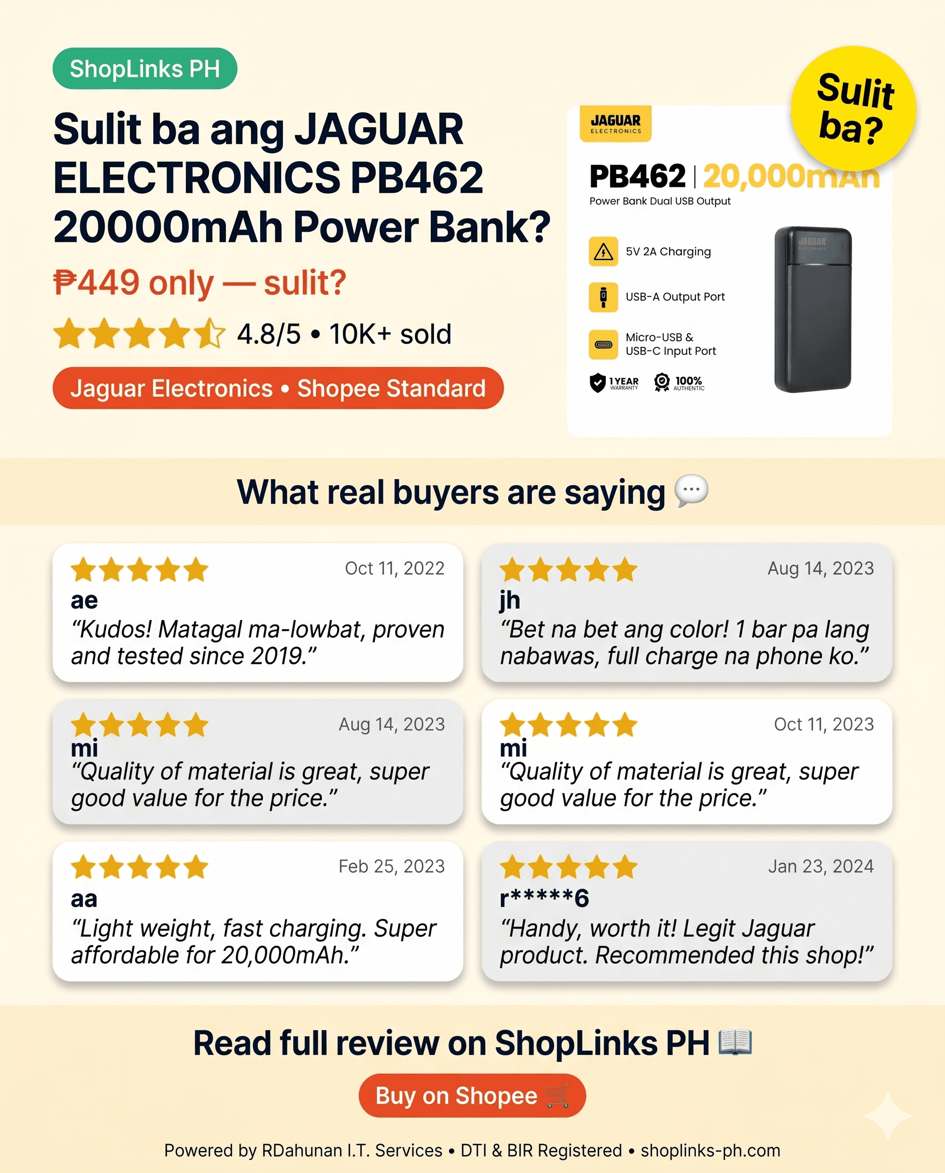 Sulit ba ang JAGUAR ELECTRONICS PB462 20000mAh Power? cover