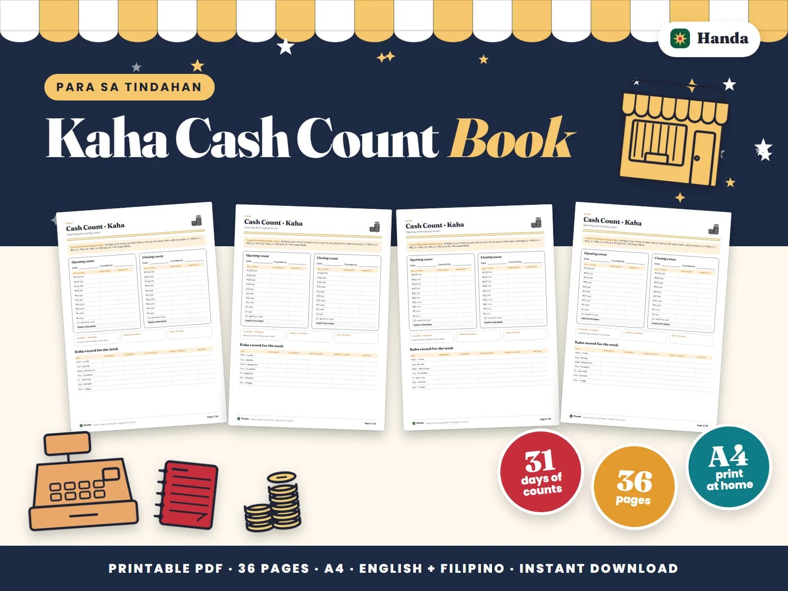 Cover of Kaha Cash Count Book, a printable record book showing four of its pages