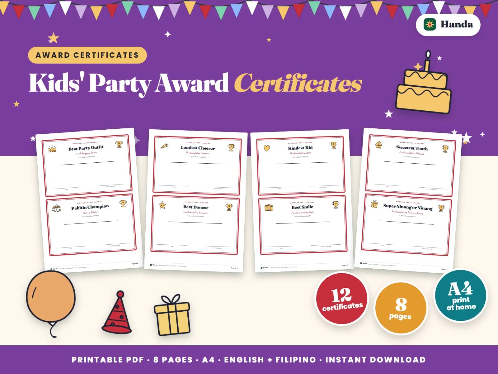 Cover of Kids' Party Award Certificates, a printable award certificate set showing four of its pages