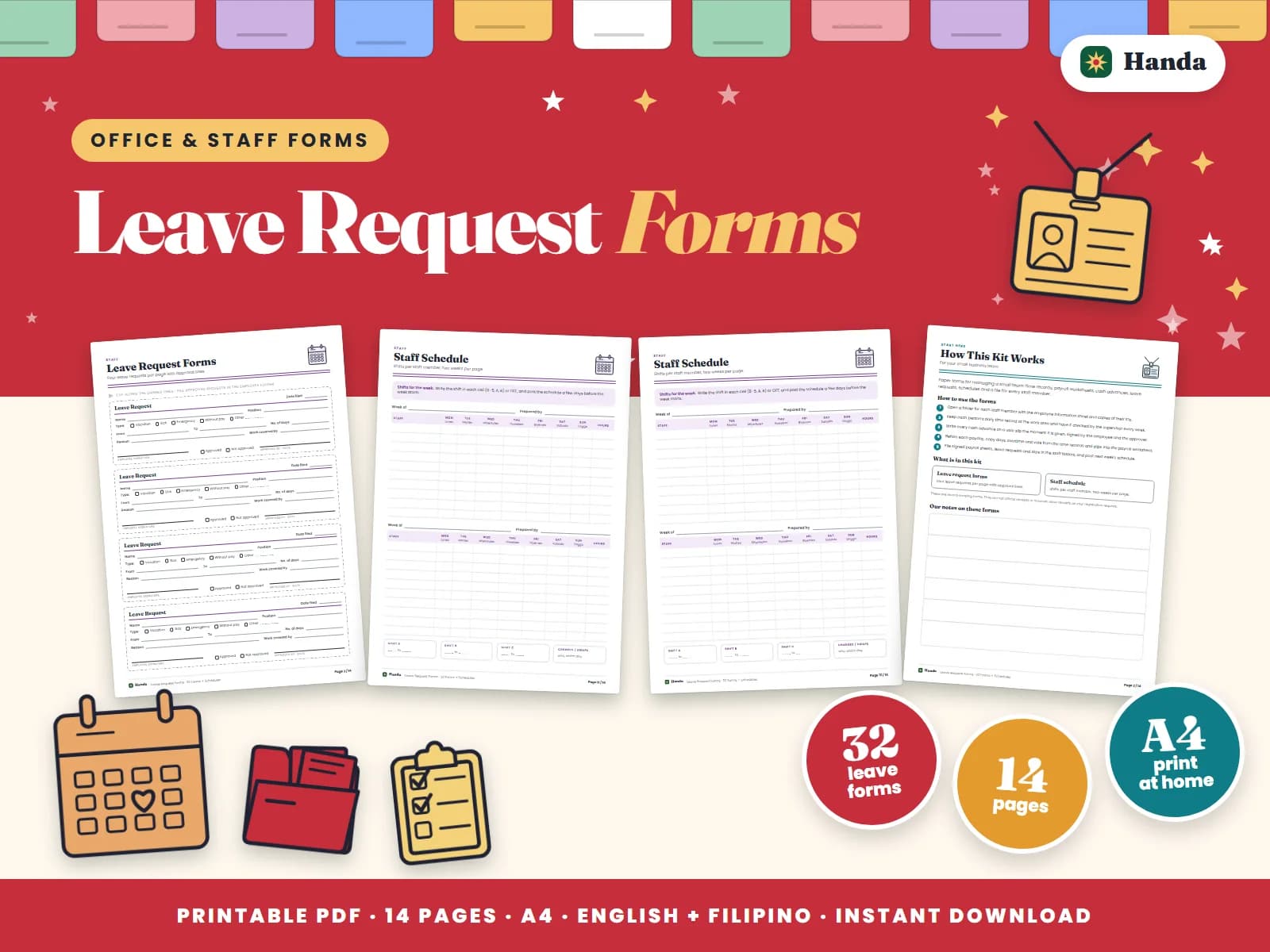 Cover of Leave Request Forms, a printable forms pack showing four of its pages