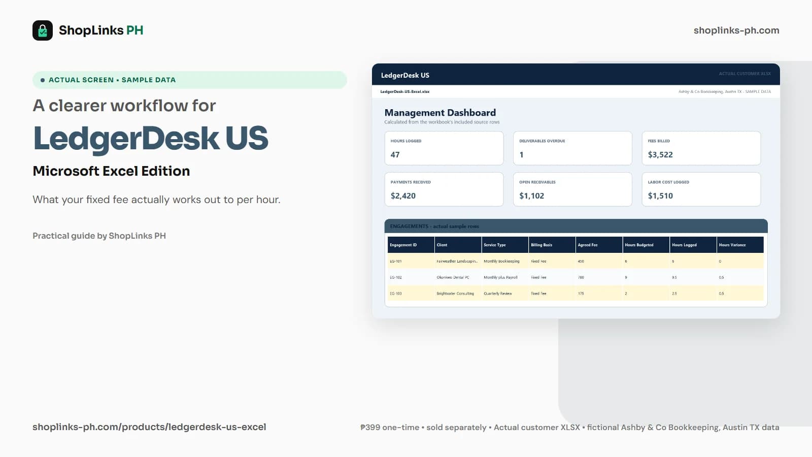 LedgerDesk US Microsoft Excel Edition dashboard using fictional sample data