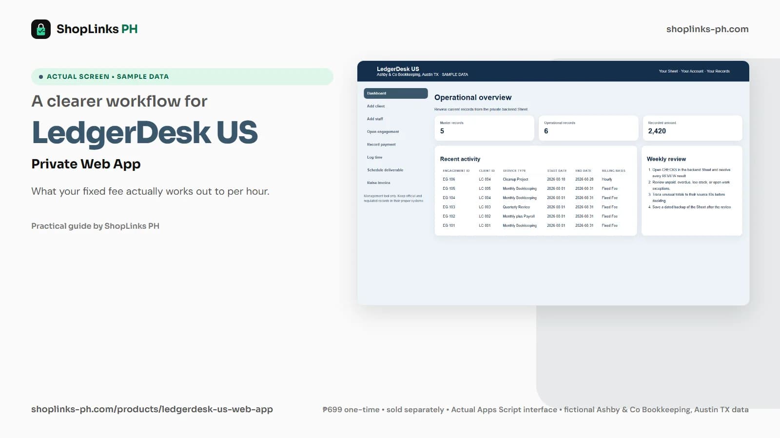 LedgerDesk US Private Google Sheets Web App dashboard using fictional sample data