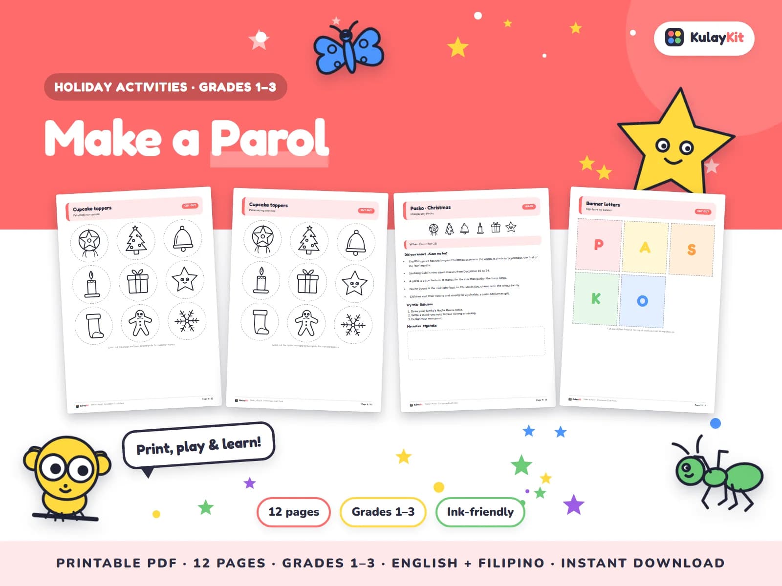 Cover of Make a Parol, a printable pack for kids in Grades 1 to 3, showing four of its pages
