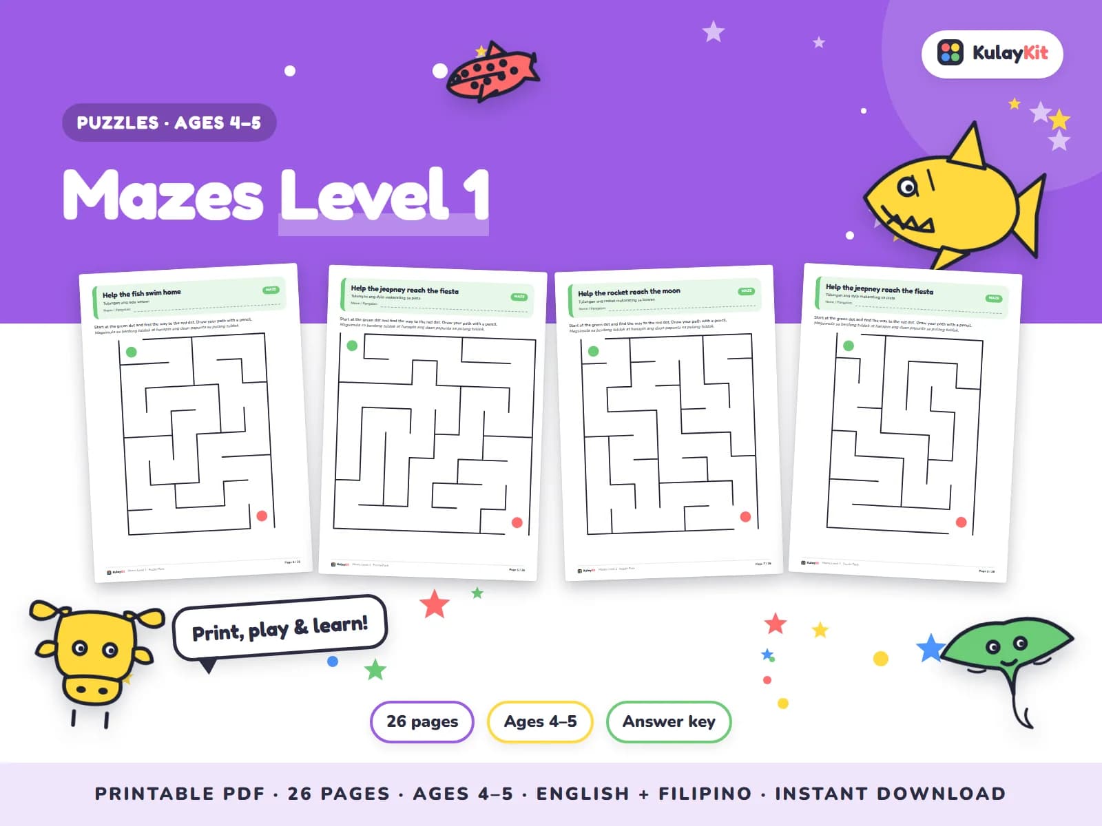 Cover of Mazes Level 1, a printable pack for preschoolers ages 4 to 5, showing four of its pages
